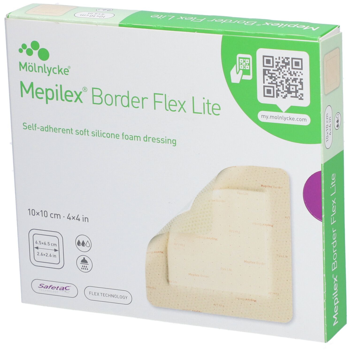 Verpackung von Mepilex® Border Flex Lite. 10x10 cm, selbsthaftender Schaumverband. Enthält einen Verband.