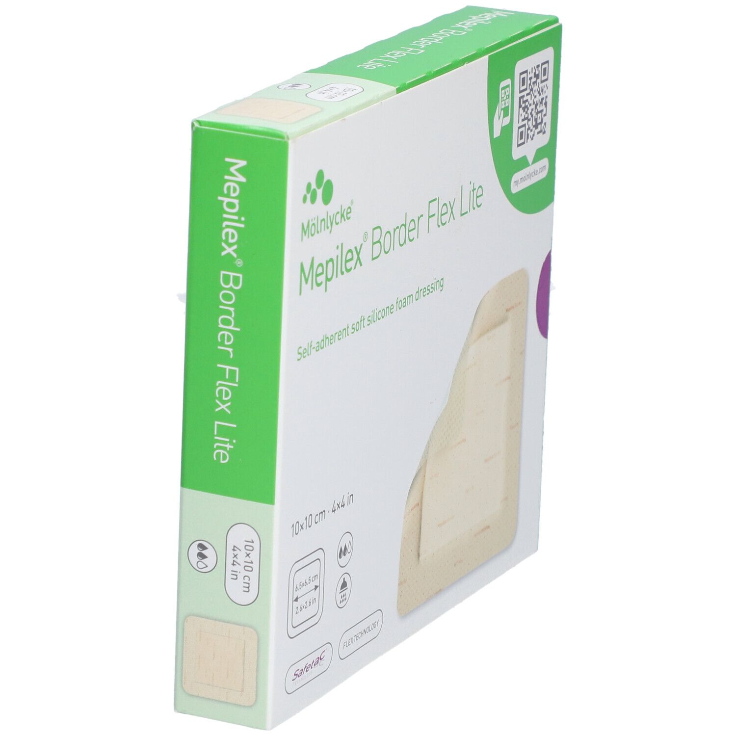Schrägansicht der Verpackung von Mepilex® Border Flex Lite. 10x10 cm, selbsthaftender Schaumverband.