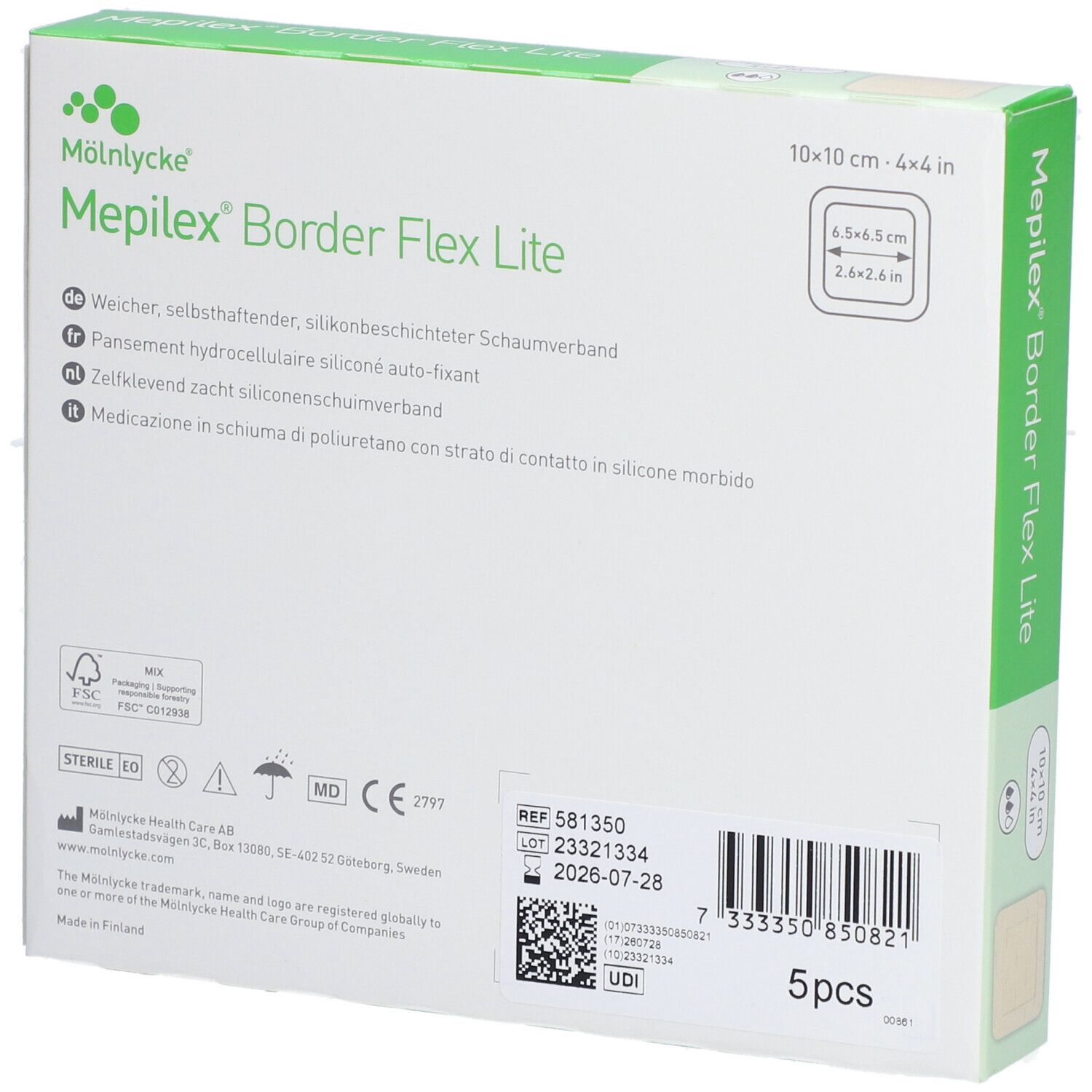 Rückseite der Verpackung von Mepilex® Border Flex Lite. Enthält 5 Stück. Informationen zu REF, Chargennummer und Verfallsdatum.