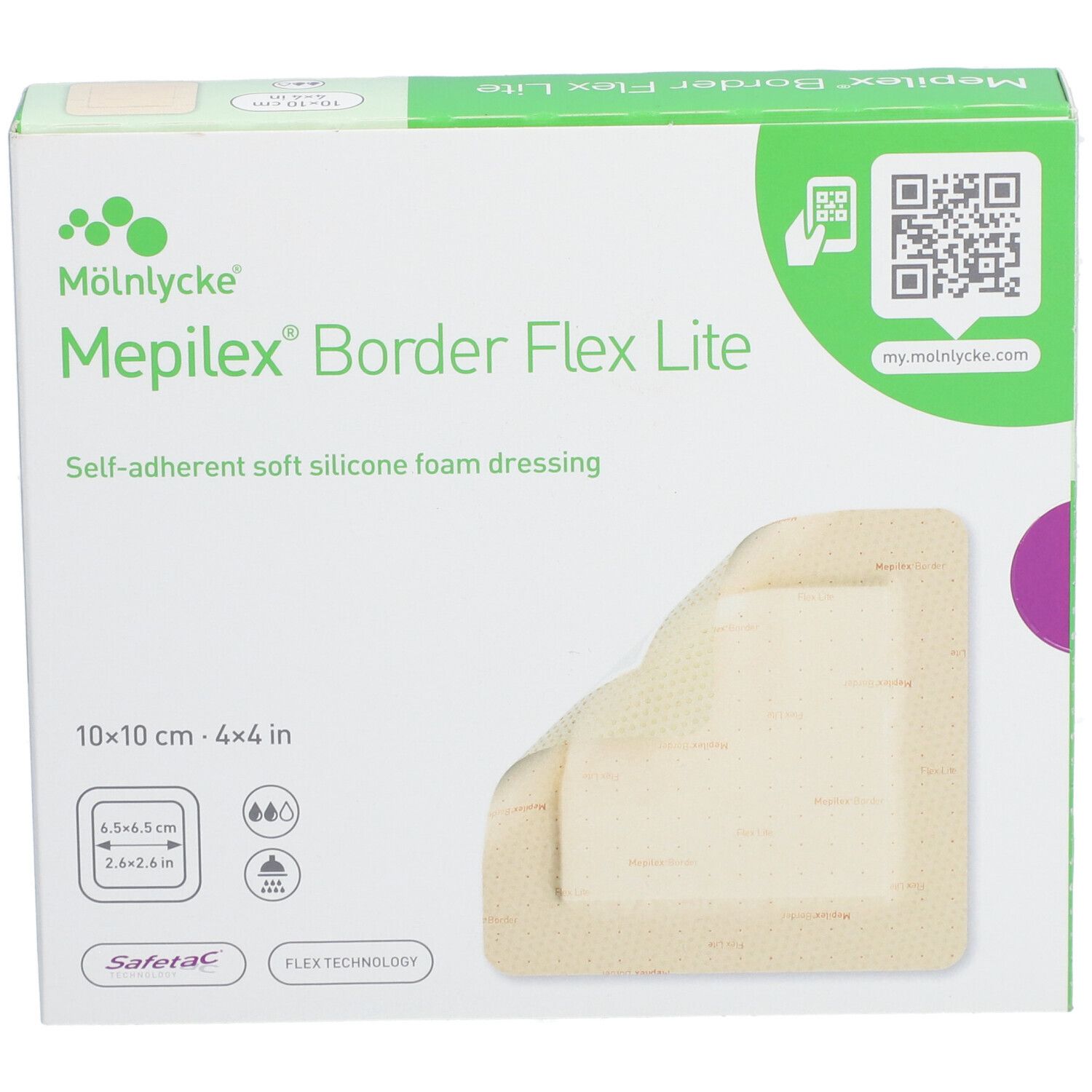 Verpackung von Mepilex® Border Flex Lite. 10x10 cm, selbsthaftender Schaumverband. Enthält einen Verband.