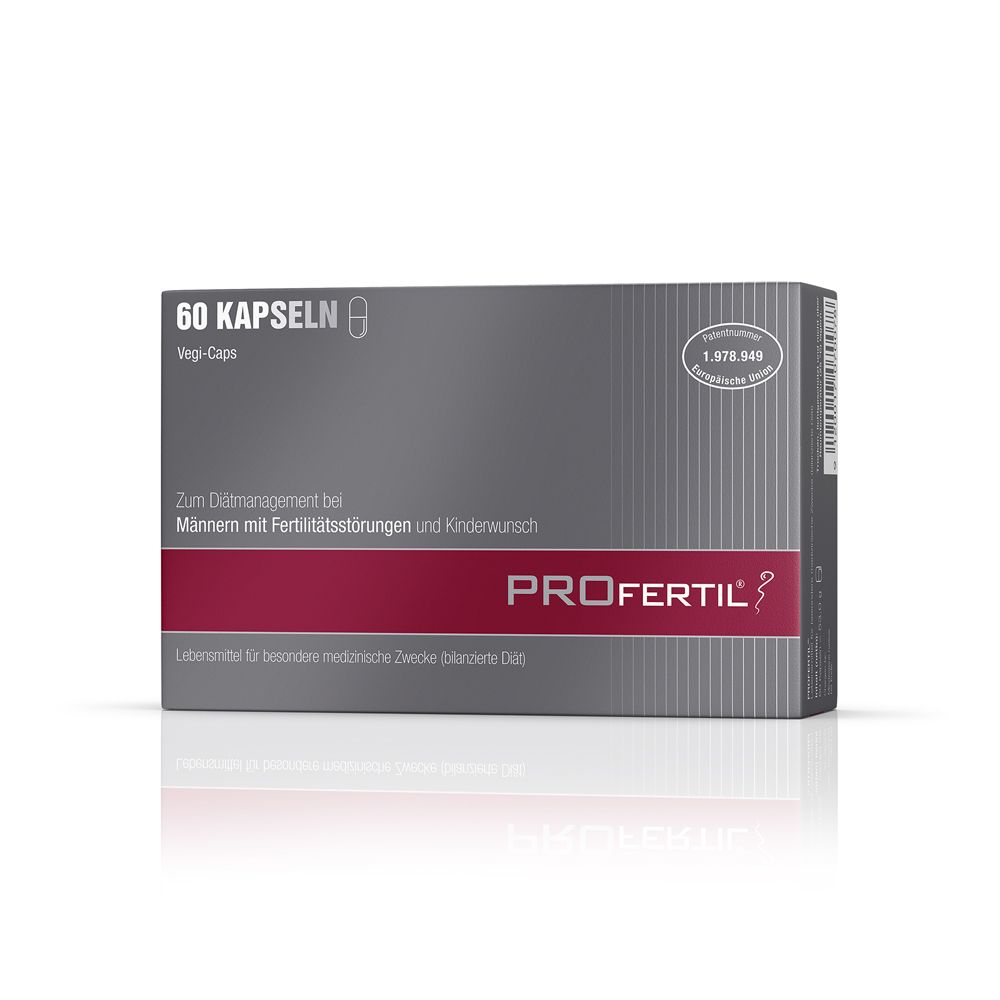 PROFERTIL®-Verpackung. Graue Schachtel mit 60 Kapseln. Roter Streifen mit Produktname. Text: Zum Diätmanagement bei Männern.