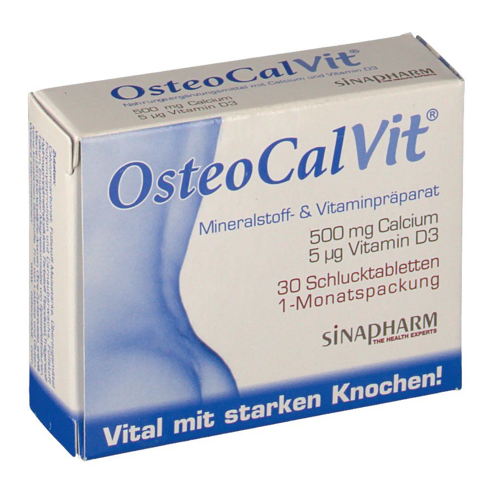 OsteoCalVit Mineralstoff- & Vitaminpräparat-Verpackung. Enthält 500 mg Calcium, 5 µg Vitamin D3. 30 Tabletten. SINAPHARM.