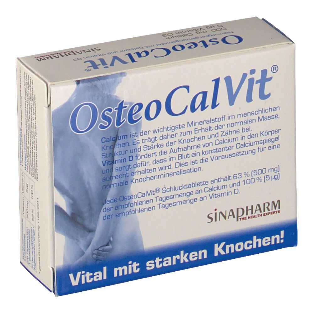 OsteoCalVit-Verpackung. Enthält 500 mg Calcium, 5 µg Vitamin D3. 30 Tabletten. SINAPHARM. Text: Vital mit starken Knochen!