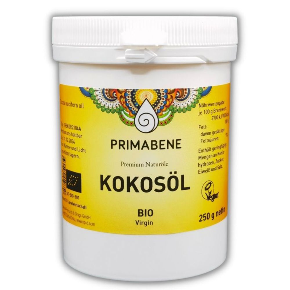 Weißer Behälter mit gelbem Etikett. Aufschrift: PRIMABENE Kokosöl BIO. Vegan-Siegel. 250 g netto.