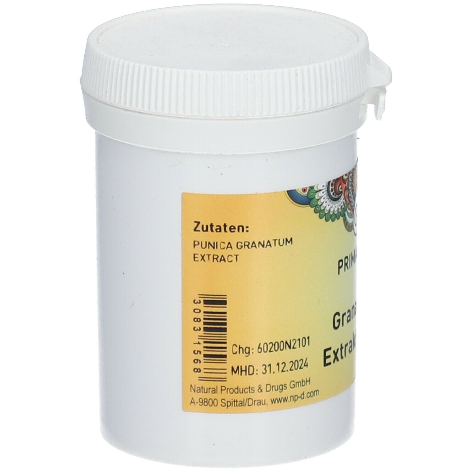 Weißes Behältnis mit Deckel. Aufkleber mit Zutaten: Punica Granatum Extract. MHD 31.12.2024. Barcode.
