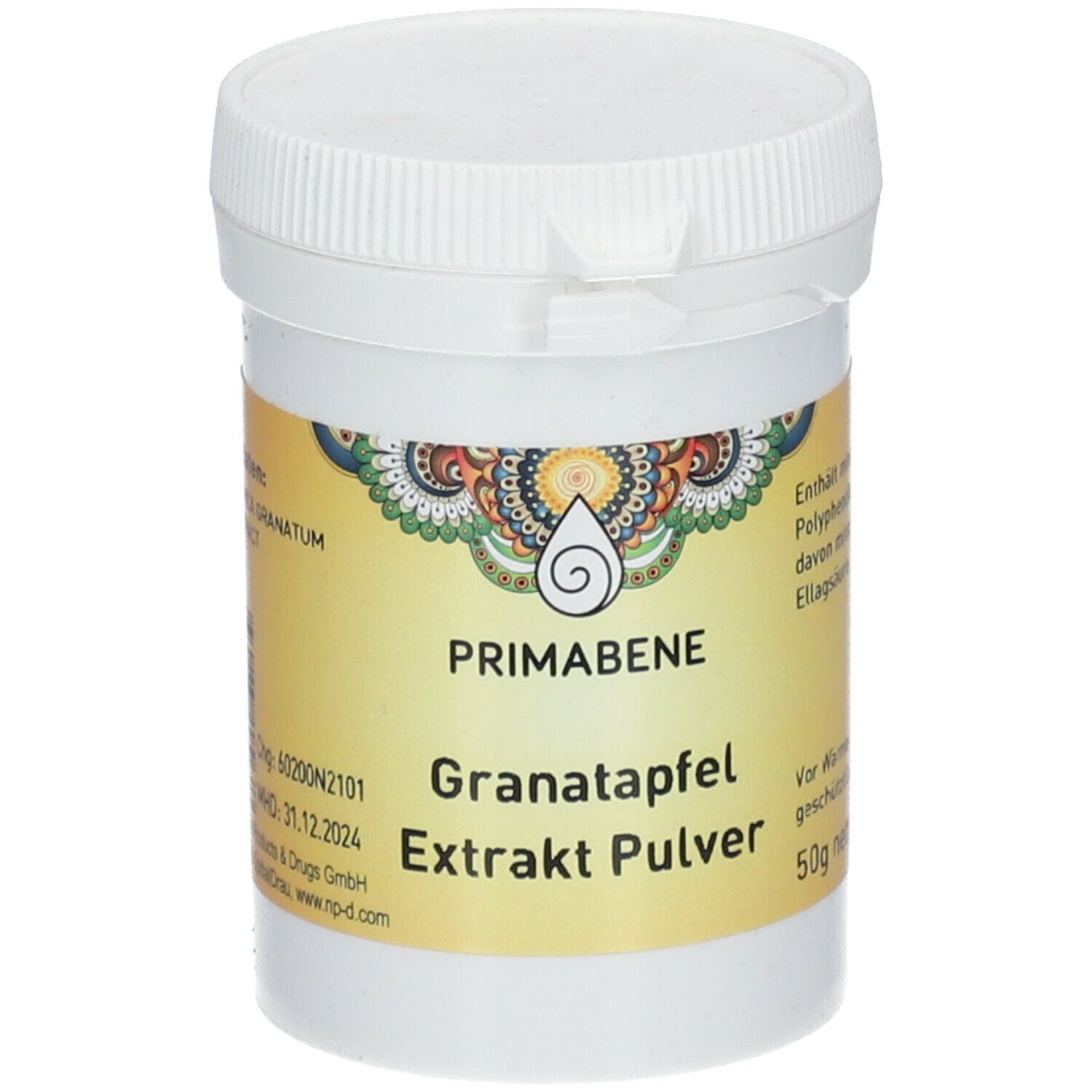 Weißes Behältnis mit Deckel. Aufkleber mit Produktnamen PRIMABENE Granatapfel Extrakt Pulver. 50g netto.