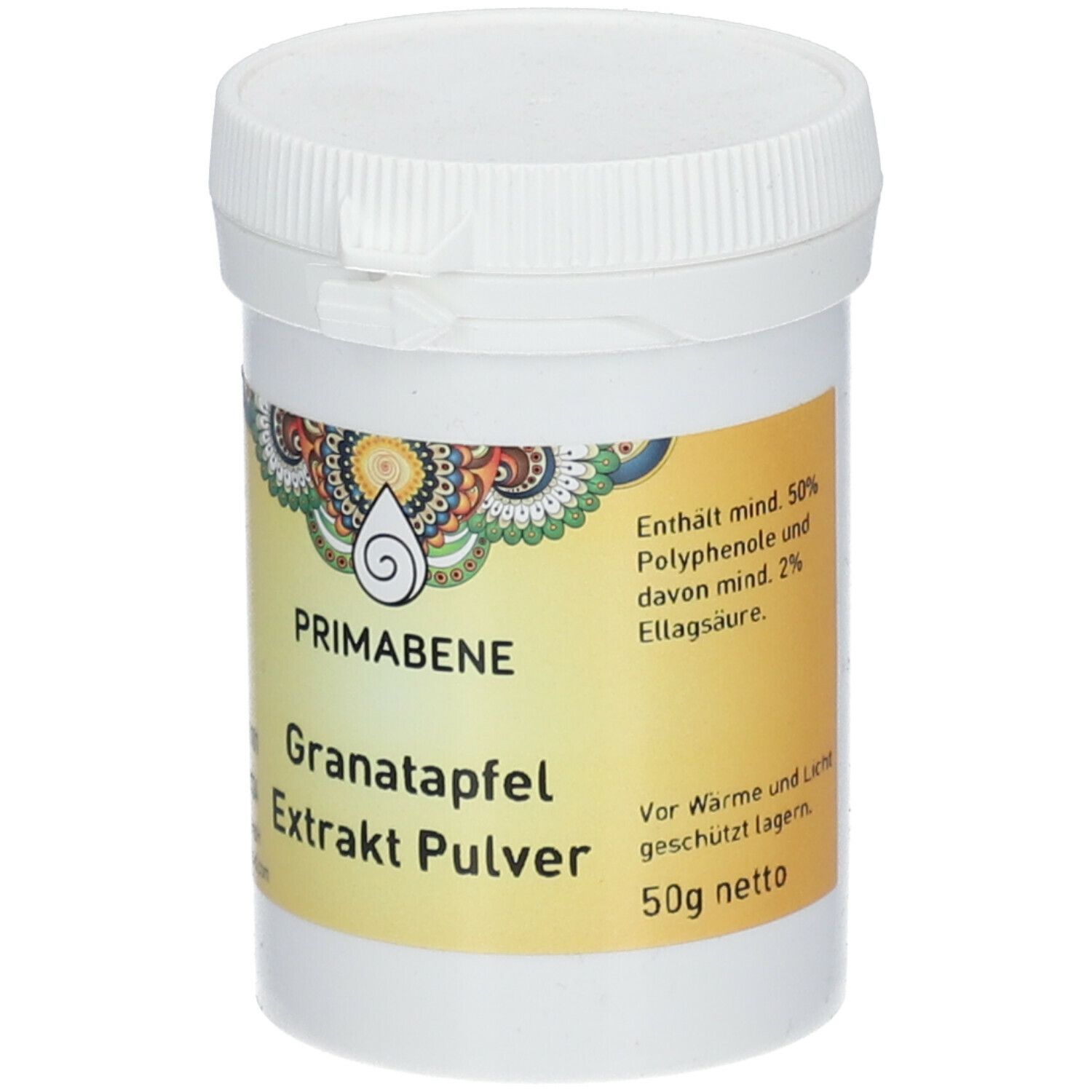 Weißes Behältnis mit Deckel. Aufkleber mit Produktnamen PRIMABENE Granatapfel Extrakt Pulver. 50g netto. Enthält Polyphenole.