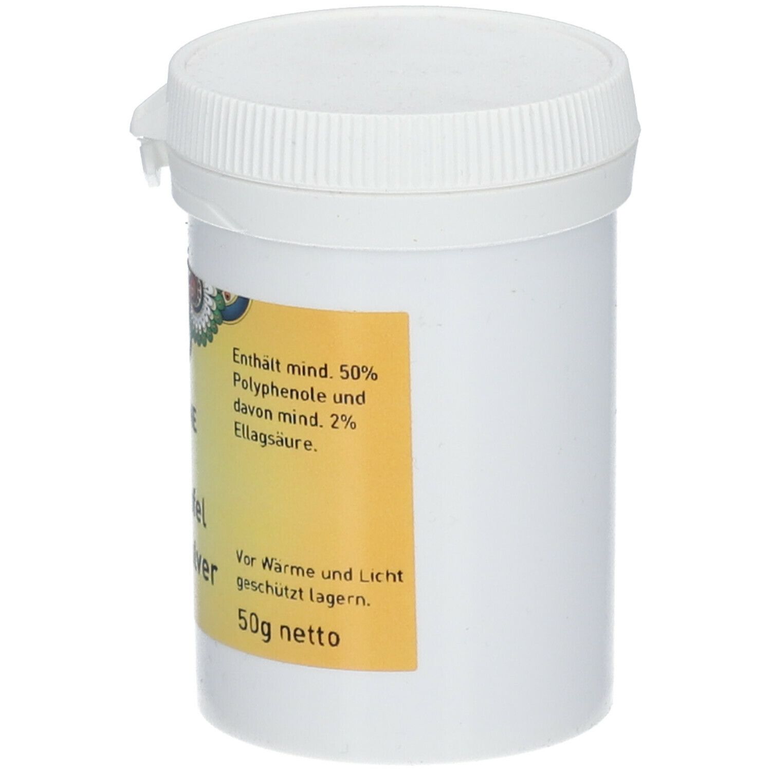Weißes Behältnis mit Deckel. Aufkleber mit Produktnamen PRIMABENE Granatapfel Extrakt Pulver. 50g netto. Enthält Polyphenole.