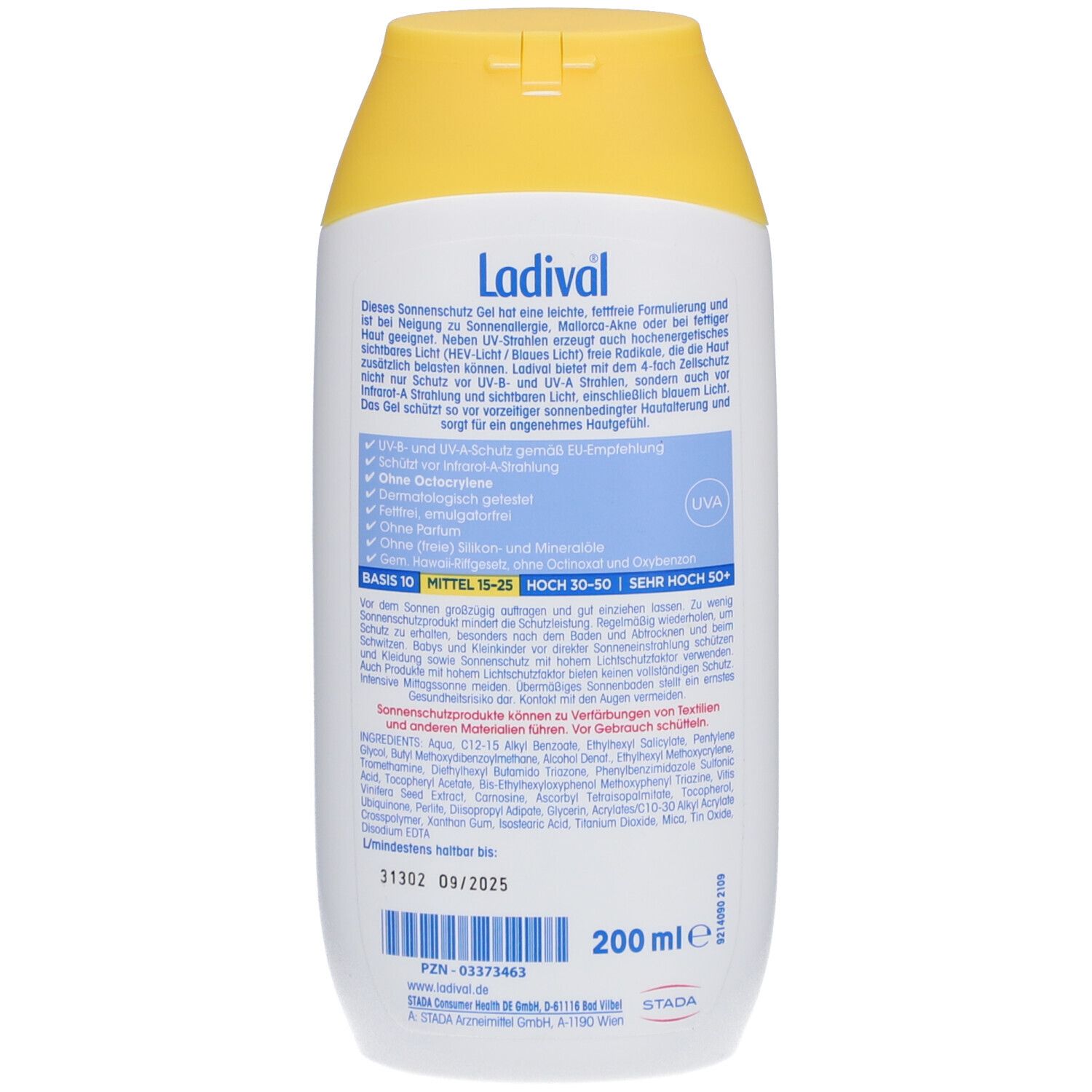 Rückseite der Ladival Sonnenschutz Gel Flasche. Enthält Informationen über Inhaltsstoffe und Anwendung.