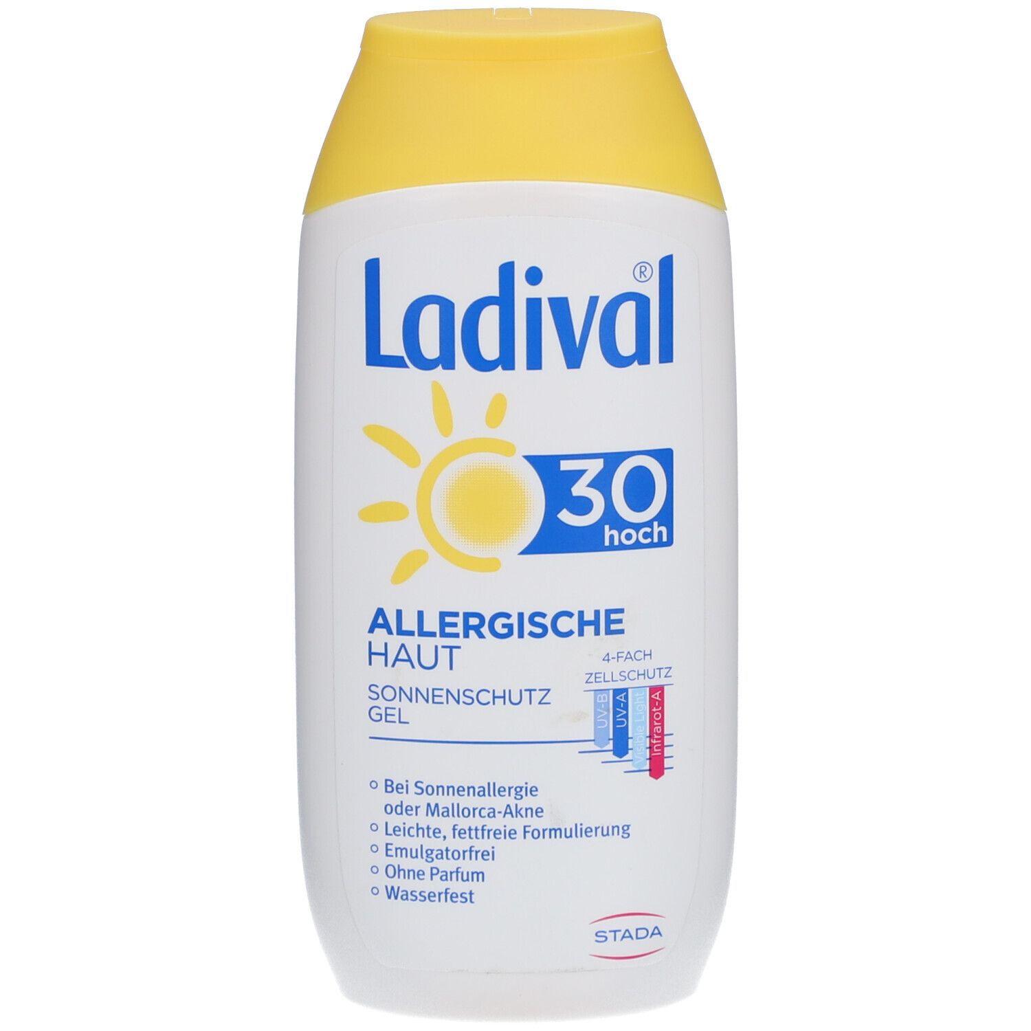 Ladival Sonnenschutz Gel LSF 30 für allergische Haut. Weiße Flasche mit gelbem Deckel. Blaue und gelbe Schrift.