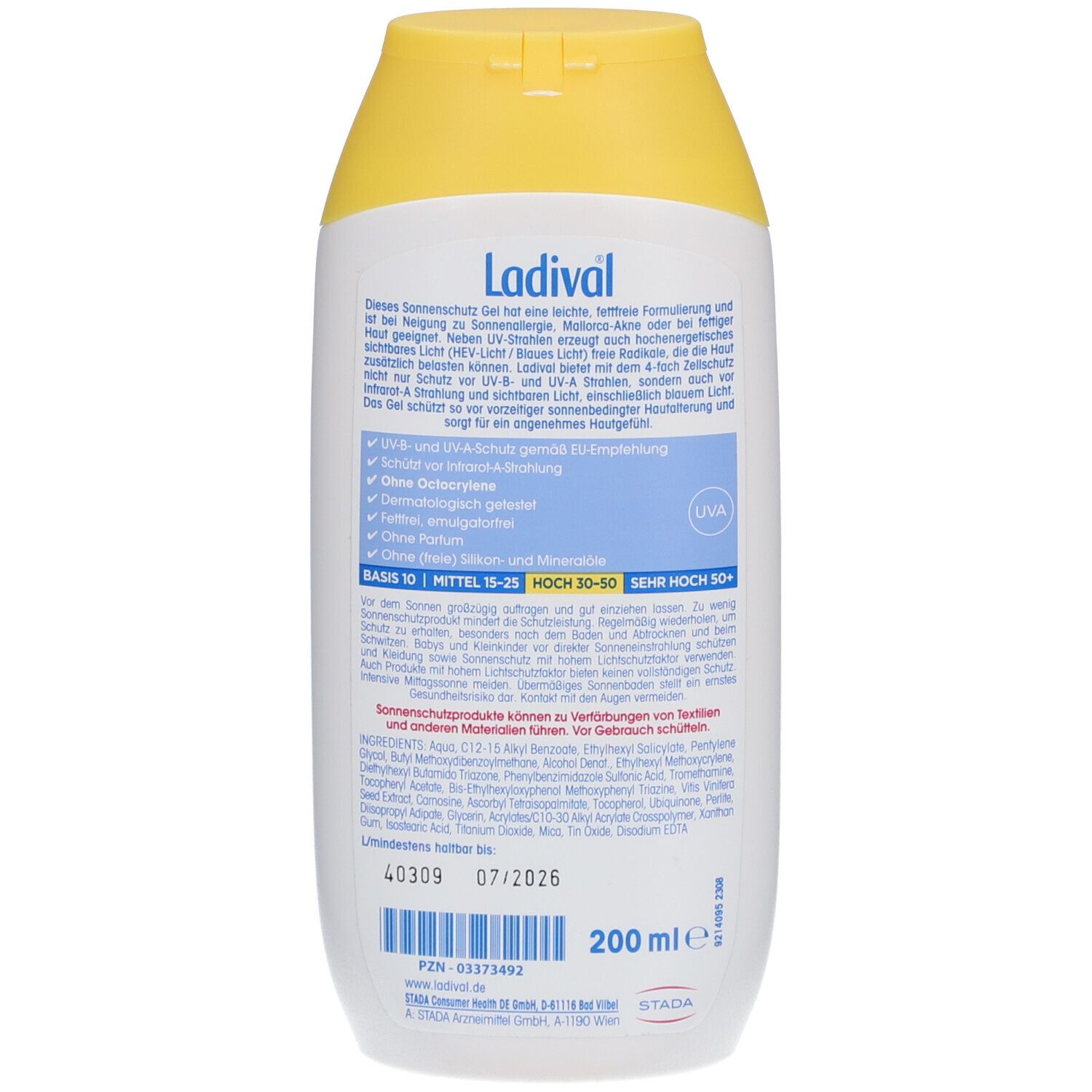 Rückseite der Ladival Sonnenschutz Gel Flasche. Text mit Inhaltsstoffen und Informationen. 200 ml.