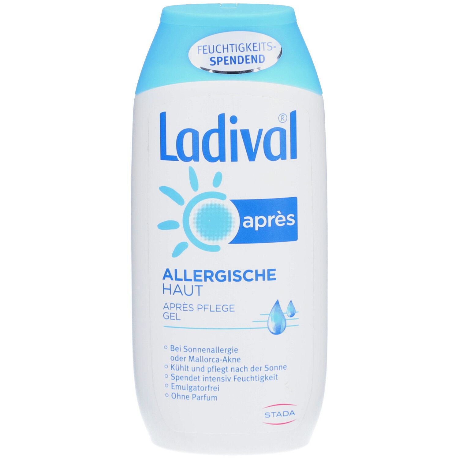 Ladival Après Pflege Gel. Weiße Flasche mit blauem Deckel. Aufschrift: Ladival, Allergische Haut, Après Pflege Gel. Feuchtigkeitsspendend.