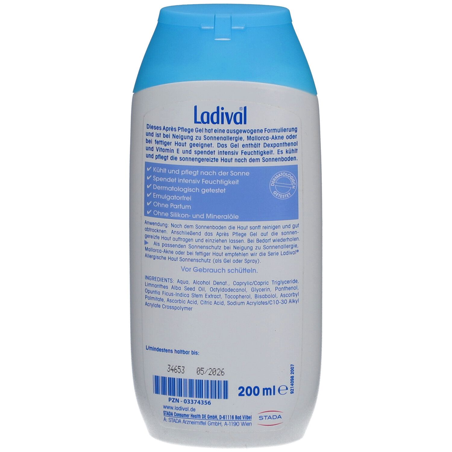 Rückseite der Ladival Après Pflege Gel Flasche. Blaue Schrift auf weißem Hintergrund. Text mit Produktinformationen und Inhaltsstoffen.