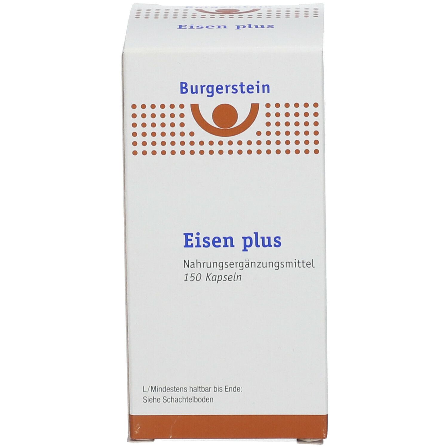 Weiße Schachtel. Aufschrift: Burgerstein Eisen plus, 150 Kapseln. Brauner Streifen.