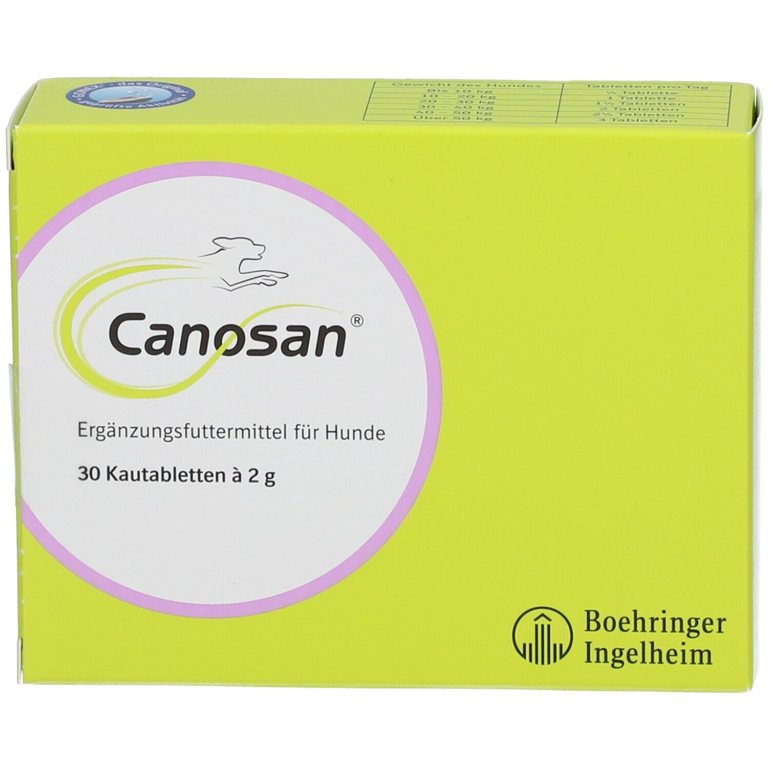 Canosan® Kautabletten-Packung. Grün-gelbe Schachtel mit Produktnamen und Logo. 30 Kautabletten. Ergänzungsfuttermittel für Hunde.