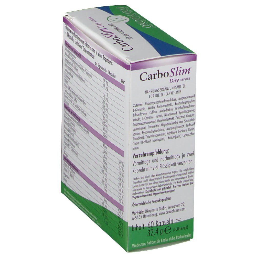 Schachtel CarboSlim Day Kapseln. Rückseite mit Text. 60 Kapseln. ÖKOpharm Logo.