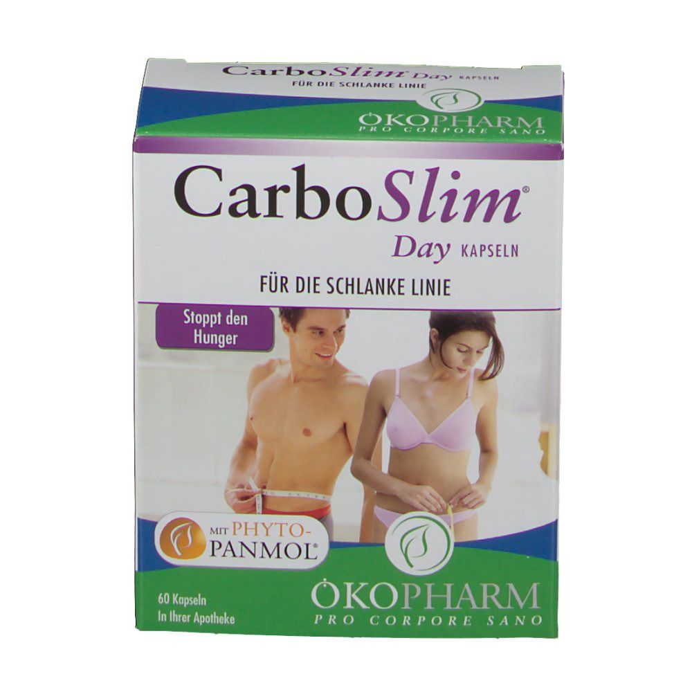 Schachtel mit CarboSlim Day Kapseln. Aufdruck: Logo, Text, Abbildung von Personen. 60 Kapseln. ÖKOpharm Logo.