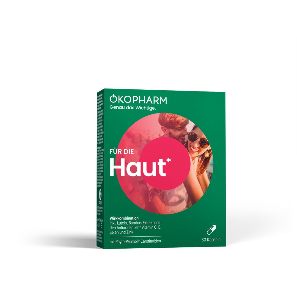 Grüne Schachtel mit Produktnamen und Aufschrift "FÜR DIE Haut*". Enthält 30 Kapseln. Abbildung eines Paares.