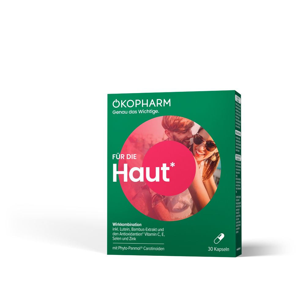 Grüne Schachtel mit Produktnamen und Aufschrift "FÜR DIE Haut*". Enthält 30 Kapseln. Abbildung eines Paares.