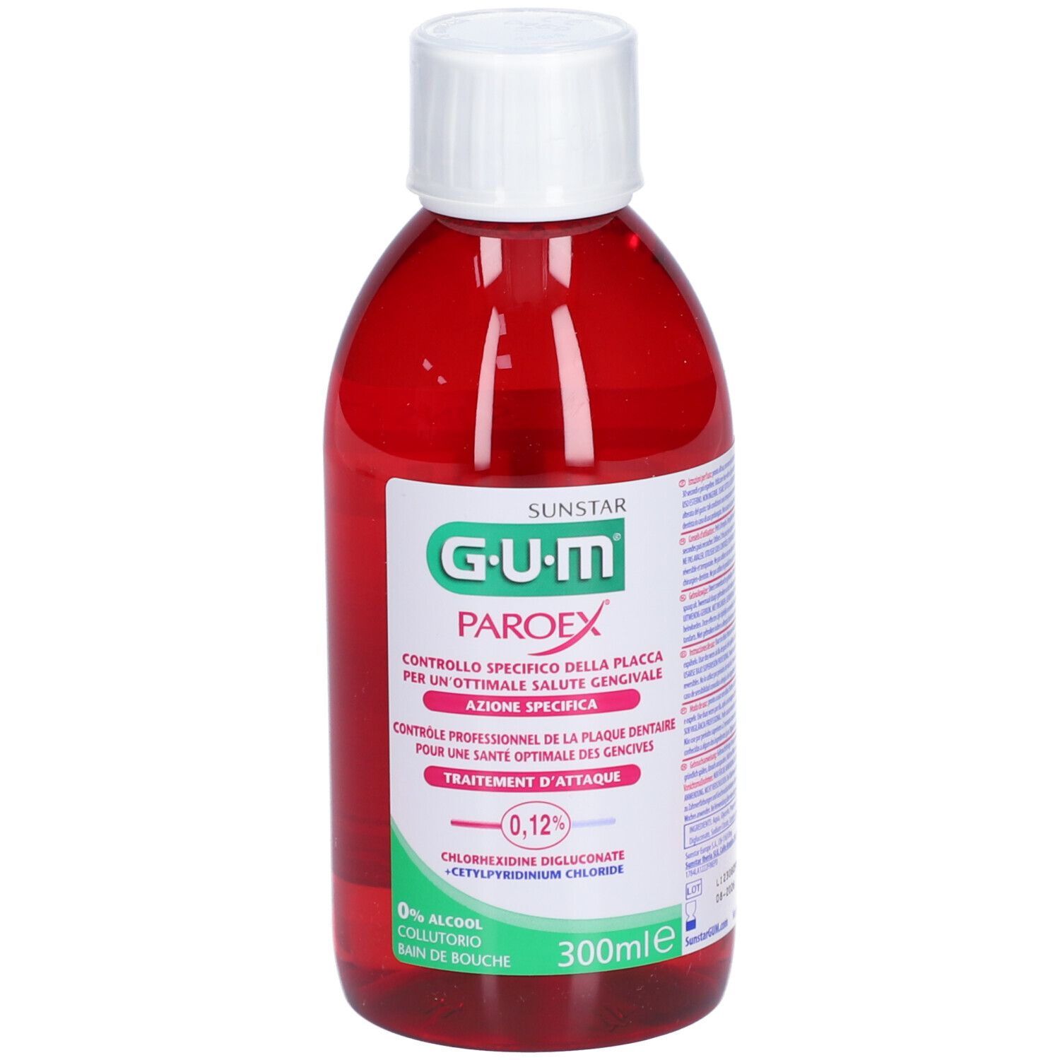 Rote Flasche mit weißem Deckel. GUM Paroex Mundspülung. Text in mehreren Sprachen. 300ml.