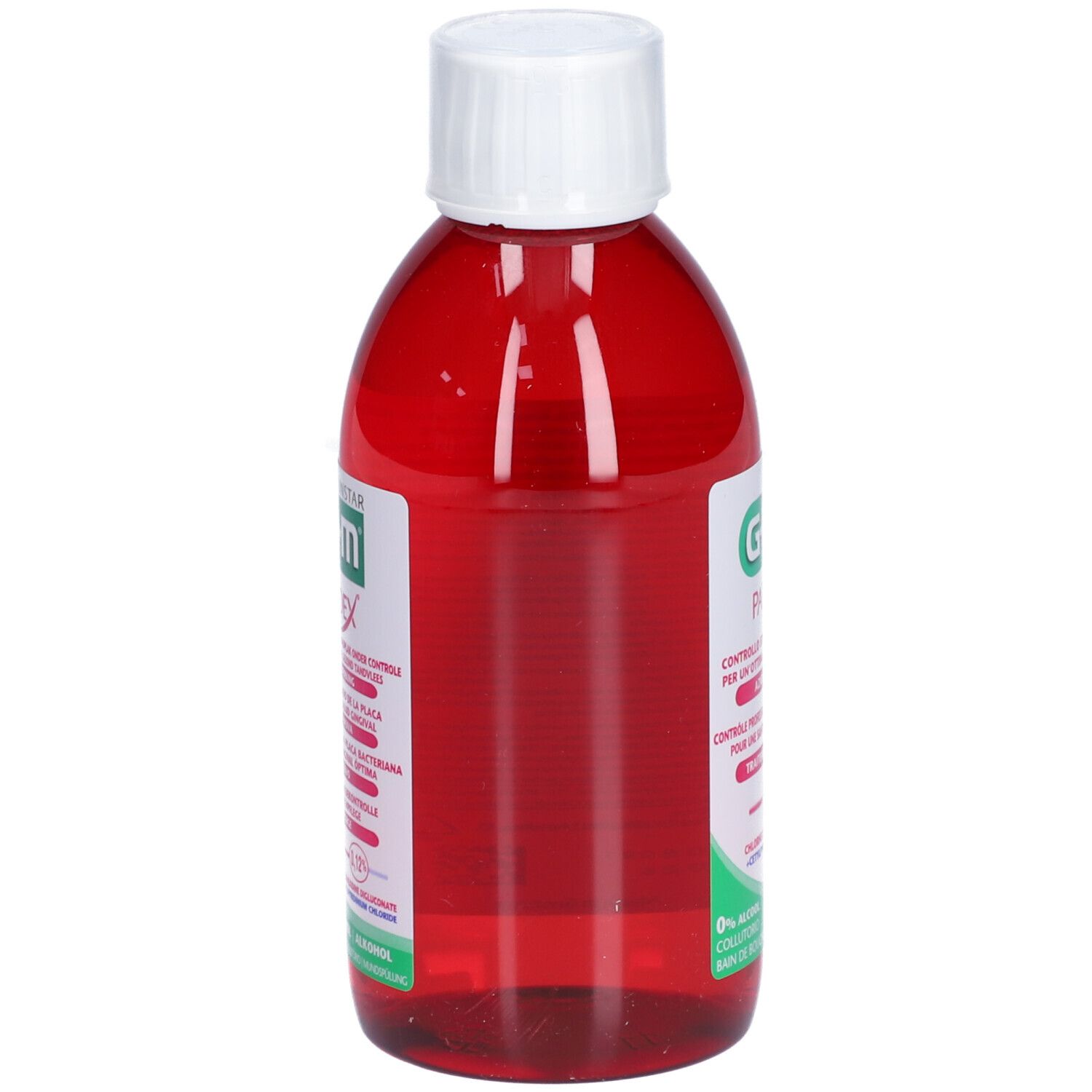 Rote Flasche mit weißem Deckel. GUM Paroex Mundspülung. Text in mehreren Sprachen.