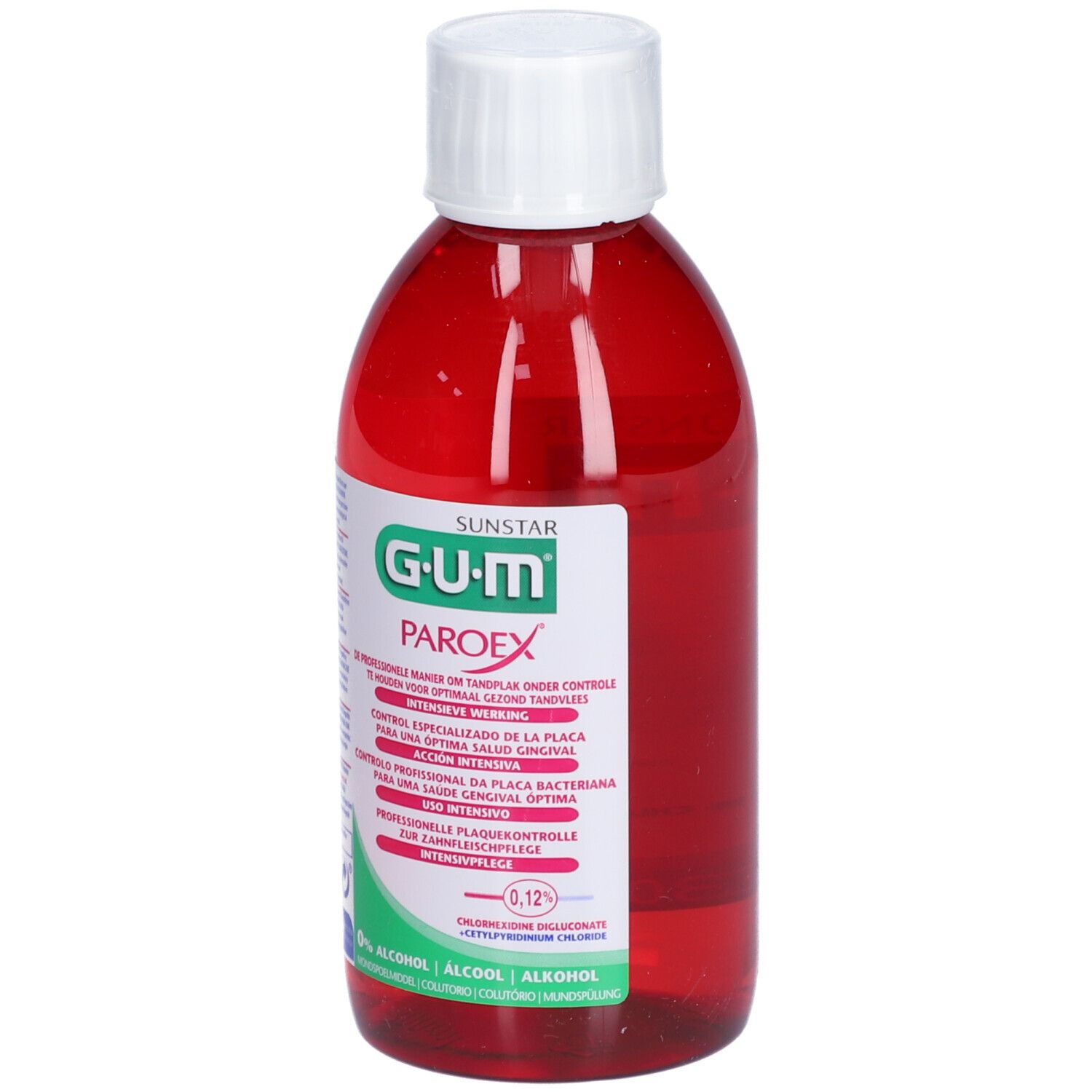 Rote Flasche mit weißem Deckel. GUM Paroex Mundspülung. Text in mehreren Sprachen. 0,12%.