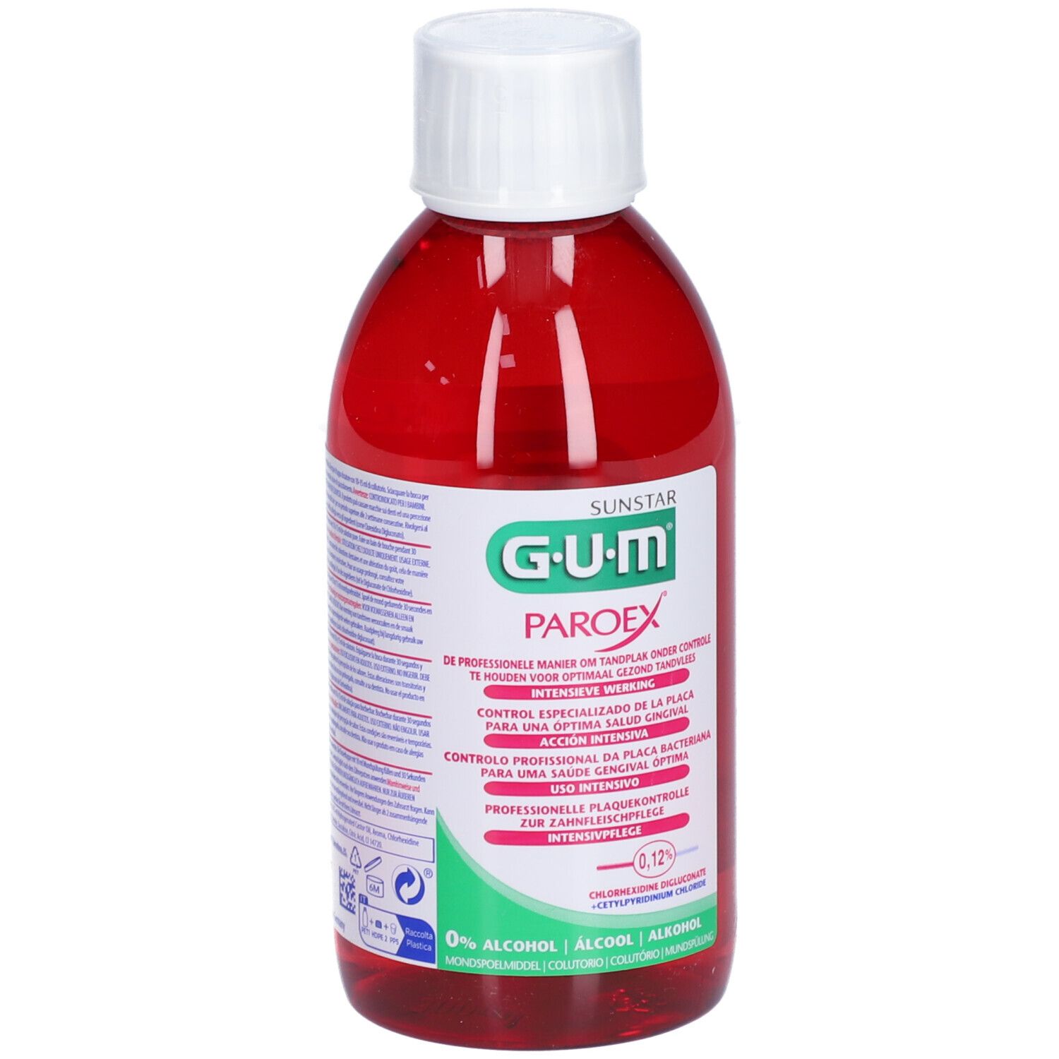 Rote Flasche mit weißem Deckel. GUM Paroex Mundspülung. Text in mehreren Sprachen. 0,12%.