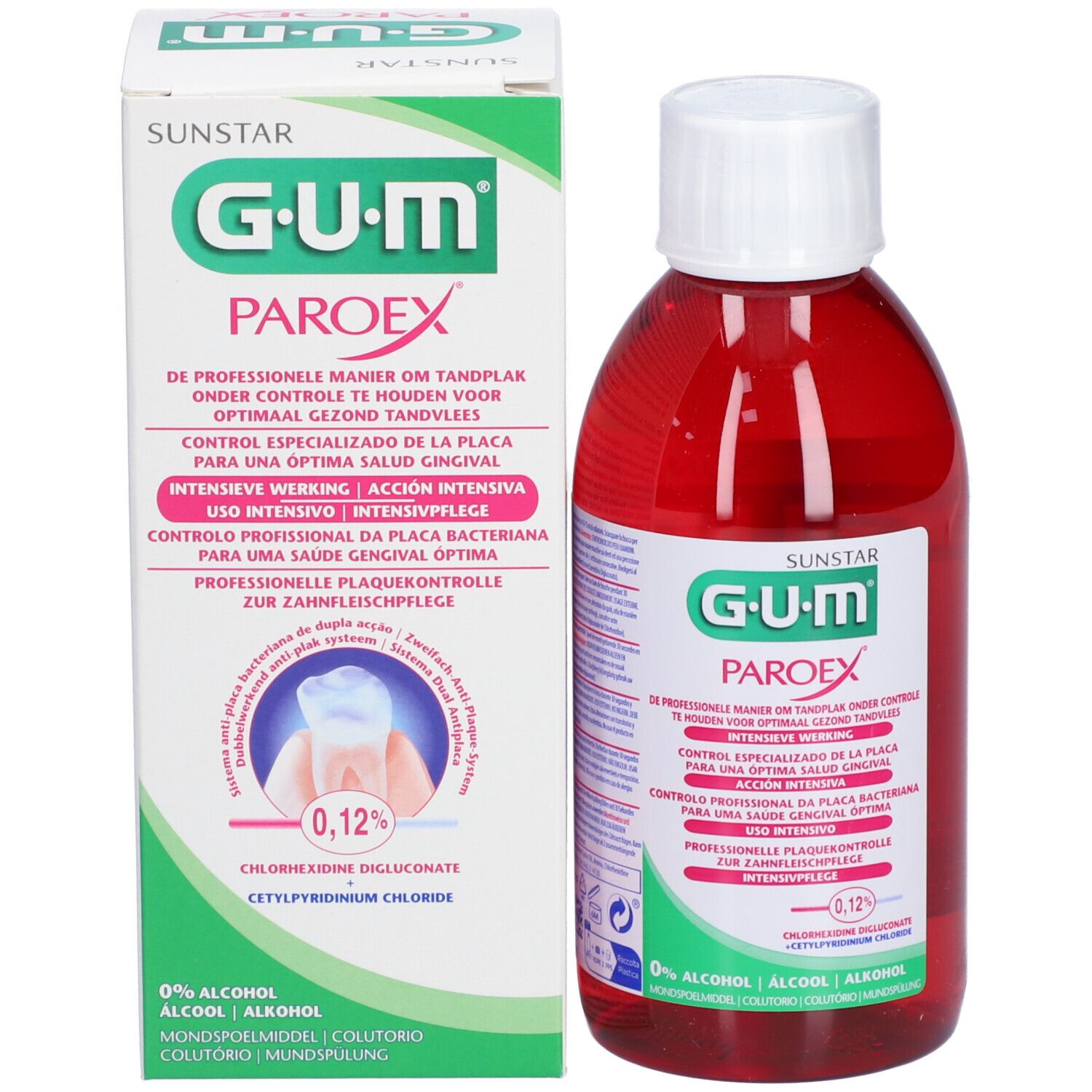 GUM Paroex Mundspülung und Verpackung. Rote Flasche, weißer Deckel. Text in mehreren Sprachen. 0,12%.