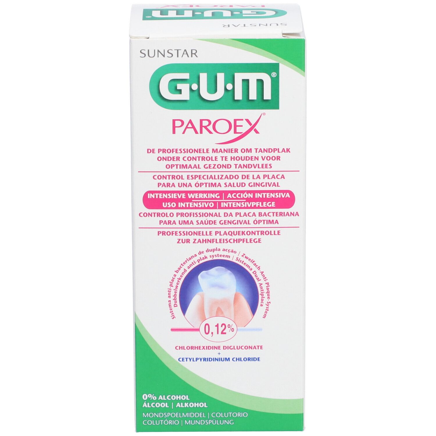 Verpackung von GUM Paroex Mundspülung. Text in mehreren Sprachen. 0,12% Chlorhexidin.