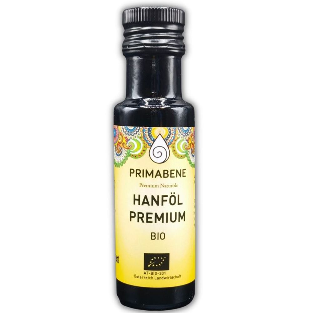 Braune Glasflasche mit schwarzem Deckel. Aufschrift: PRIMABENE Hanföl Premium BIO. Mit Bio-Siegel.