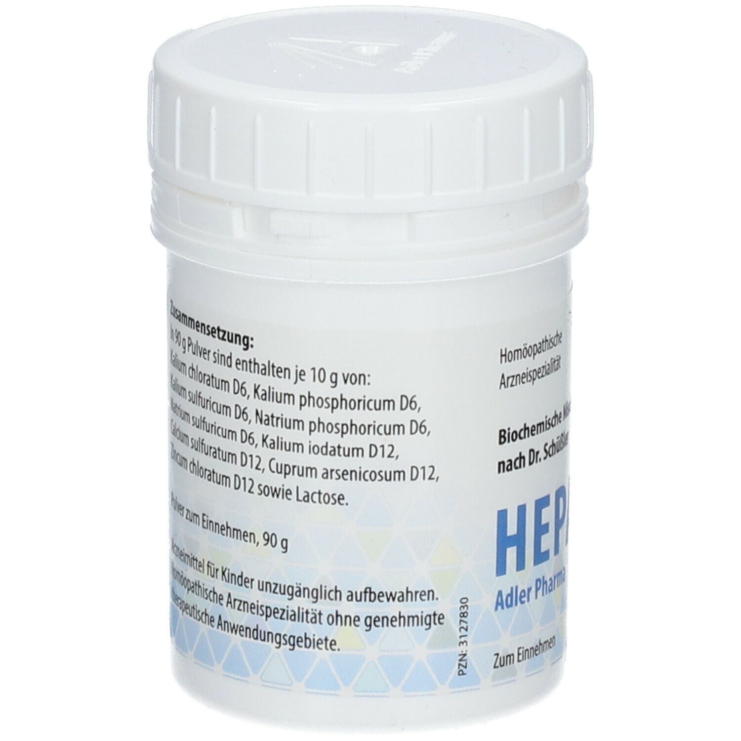 Weiße Dose, Rückseite. Inhaltsstoffe aufgelistet. Aufschrift: HEPAXEN, Adler Pharma. 90g. Zum Einnehmen.
