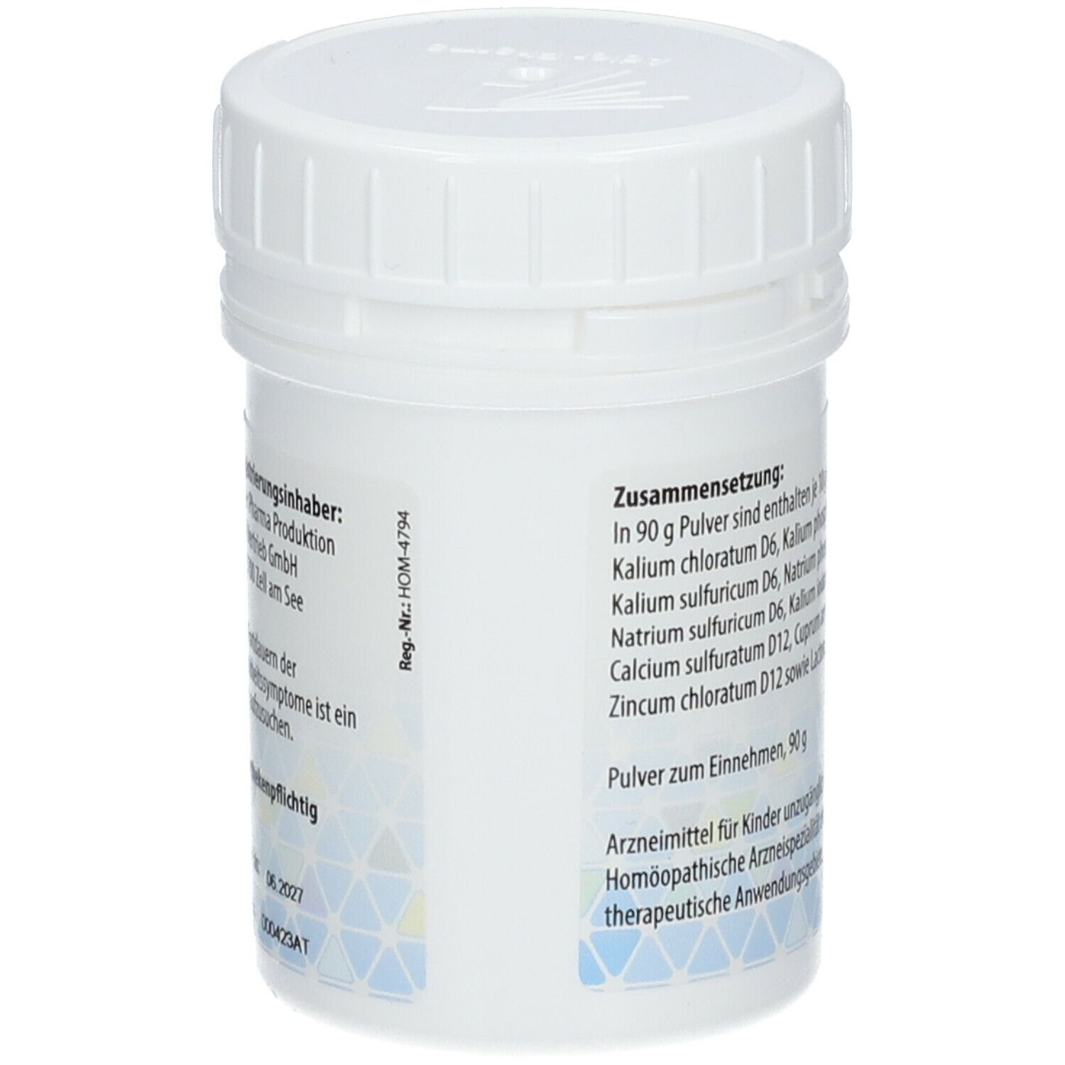 Weiße Dose, Rückseite. Inhaltsstoffe und Herstellerinformationen. Aufschrift: HEPAXEN. 90g.