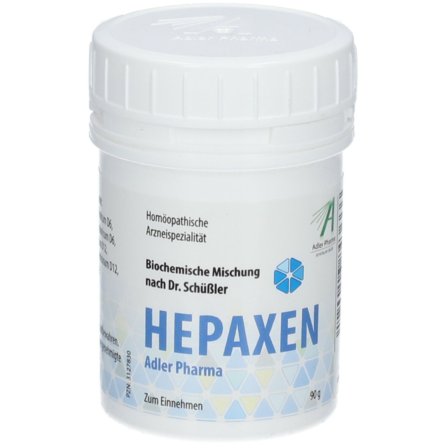 Weiße Dose mit Deckel. Aufschrift: HEPAXEN, Adler Pharma. 90g. Homöopathische Arzneispezialität.