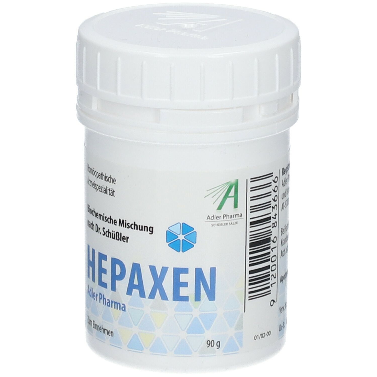 Weiße Dose mit Deckel. Aufschrift: HEPAXEN, Adler Pharma. 90g. Barcode.
