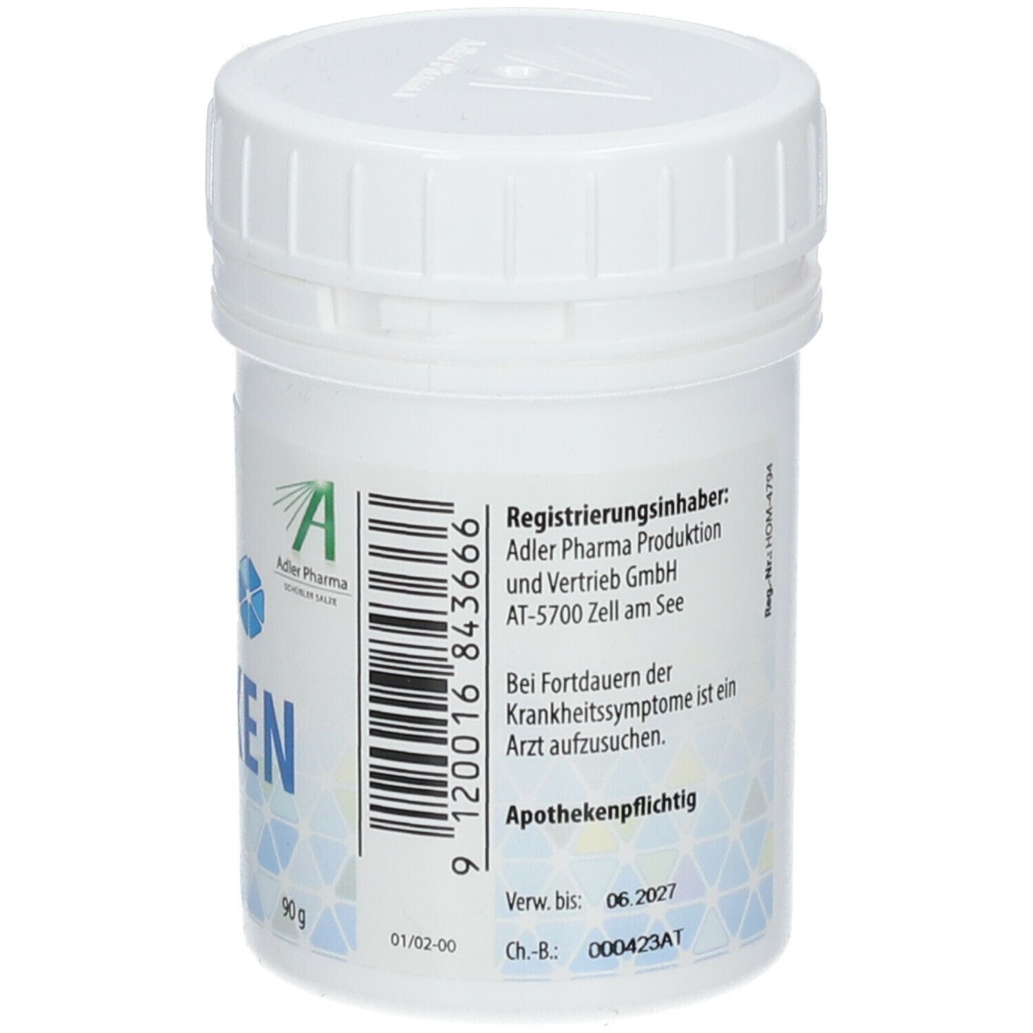 Weiße Dose, Rückseite. Barcode, Verfallsdatum, Chargennummer. Aufschrift: HEPAXEN. 90g.