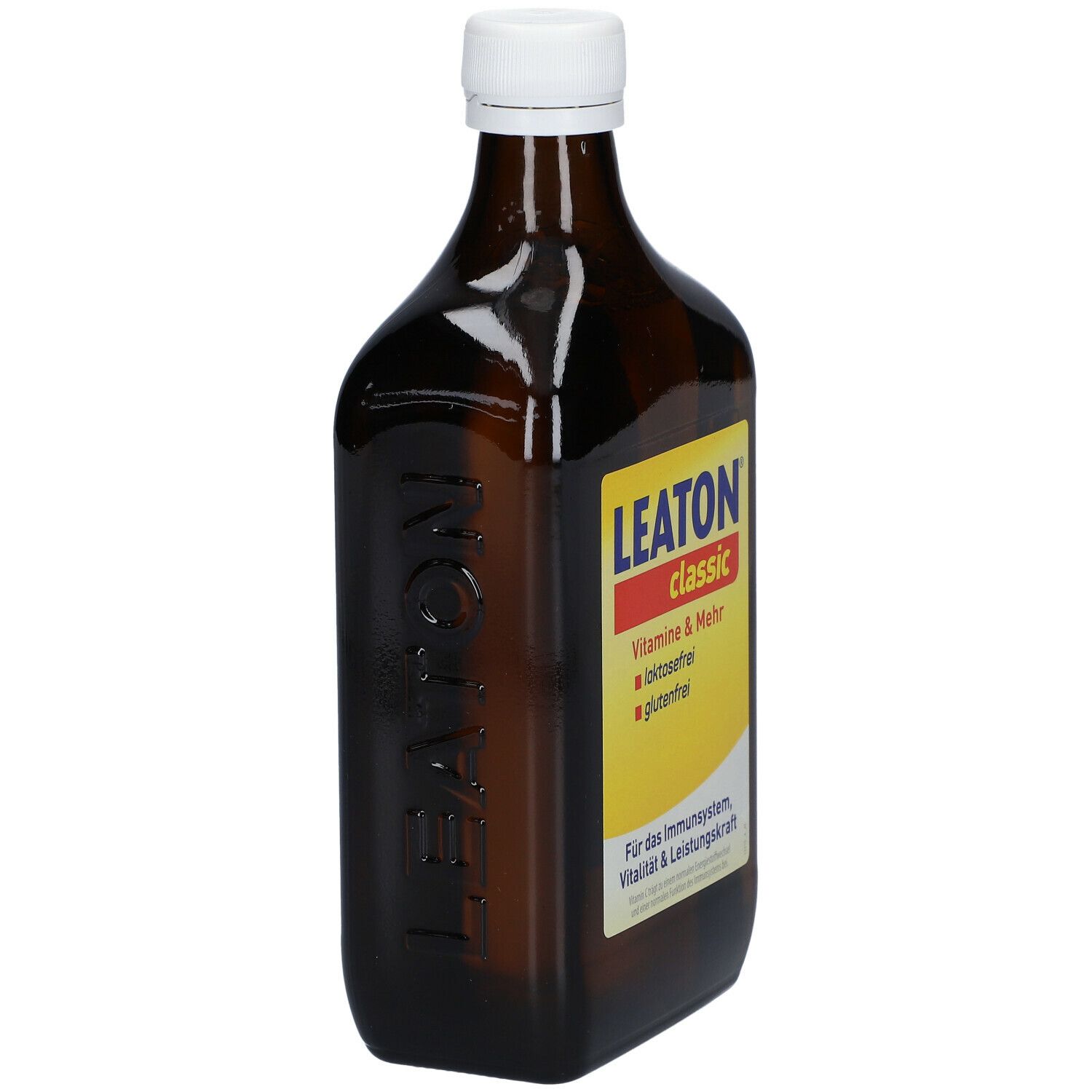 Braune Glasflasche mit weißem Verschluss. Aufkleber mit LEATON classic, Vitaminen, laktosefrei und glutenfrei.