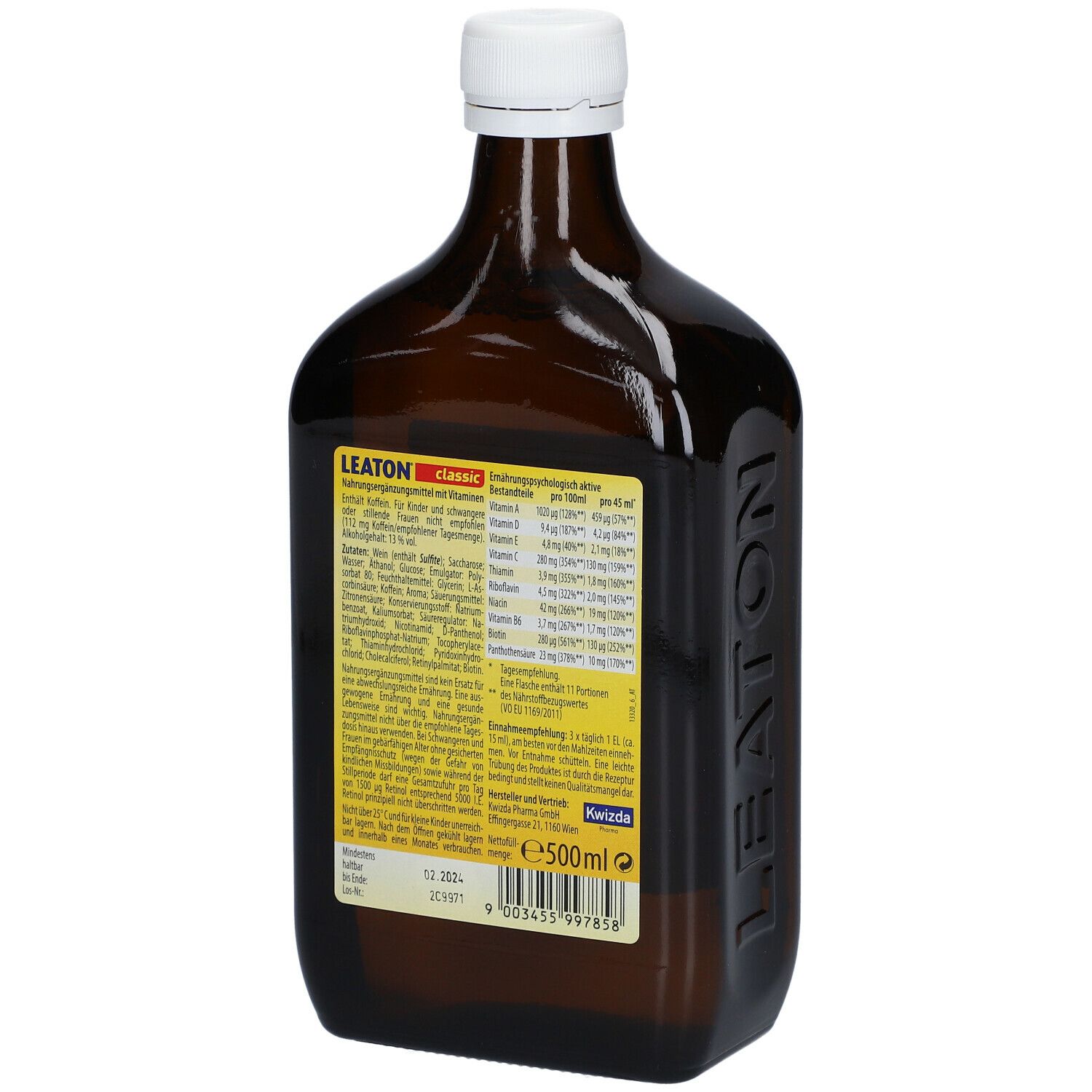 Braune Glasflasche mit weißem Verschluss. Rückseite mit Informationen zu Inhaltsstoffen und Nährwerten.