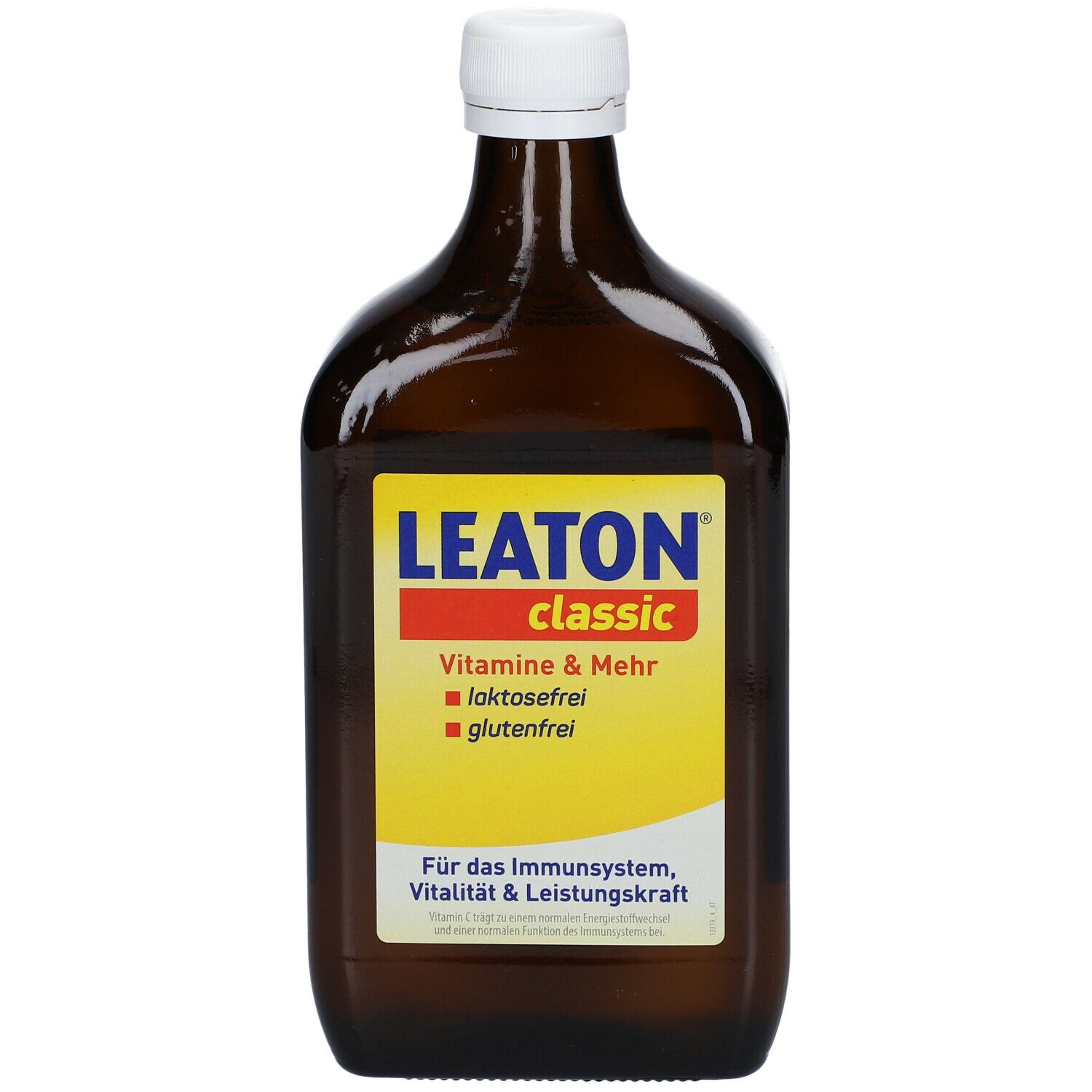 Braune Glasflasche mit weißem Verschluss. Aufkleber mit LEATON classic, Vitaminen, laktosefrei und glutenfrei.