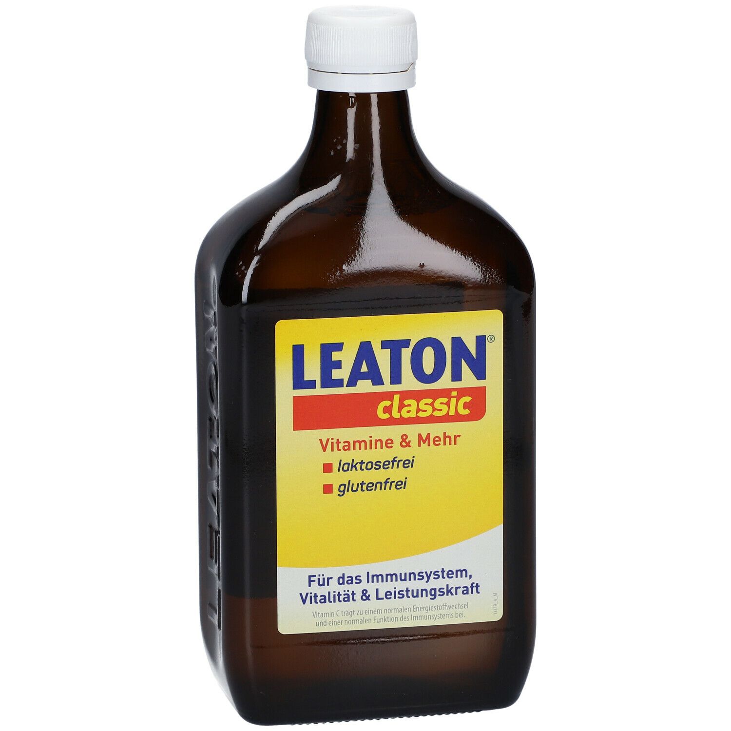 Braune Glasflasche mit weißem Verschluss. Aufkleber mit LEATON classic, Vitaminen, laktosefrei und glutenfrei.