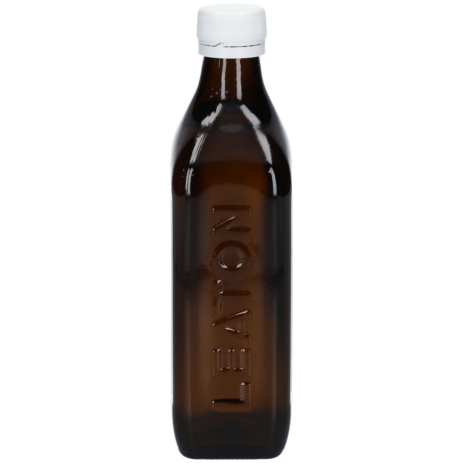 Braune Glasflasche mit weißem Verschluss. Geprägter Schriftzug LEATON auf der Flasche.
