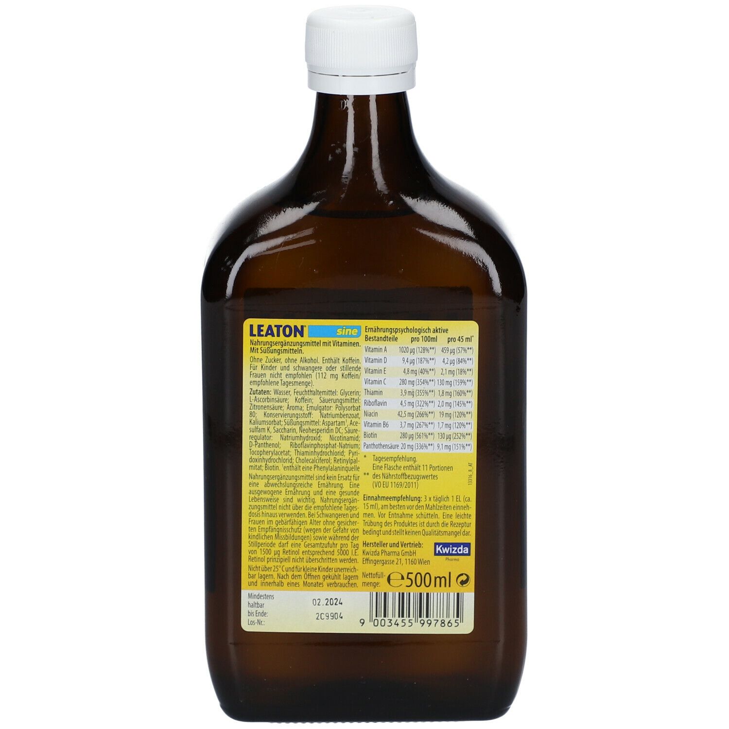 Braune Glasflasche mit weißem Verschluss. Rückseite mit Etikett. Enthält Nährwertangaben und Herstellerinformationen.