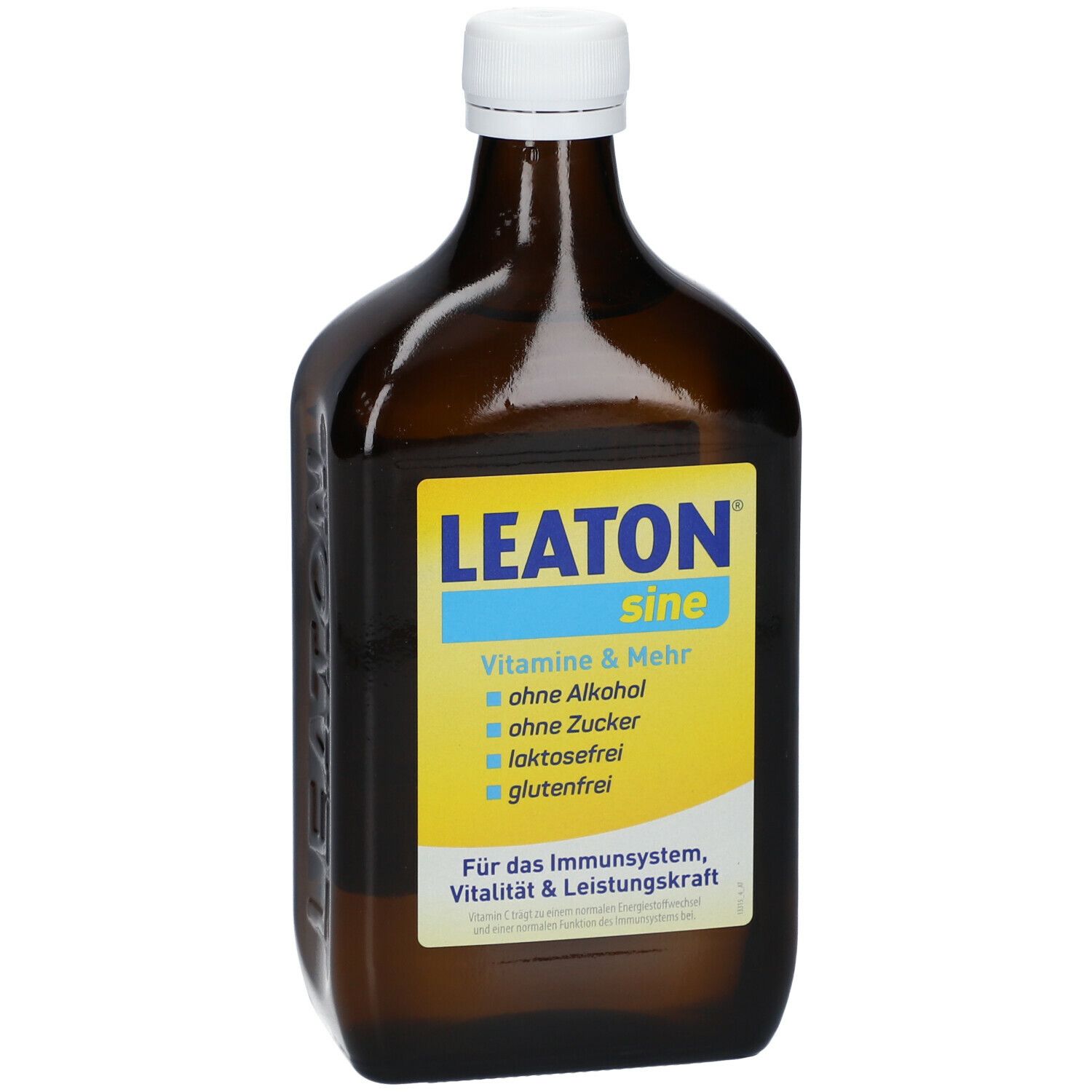 Braune Glasflasche mit weißem Verschluss. Gelbes Etikett mit LEATON sine, Vitaminen & mehr, ohne Alkohol, Zucker, Laktose und Gluten.