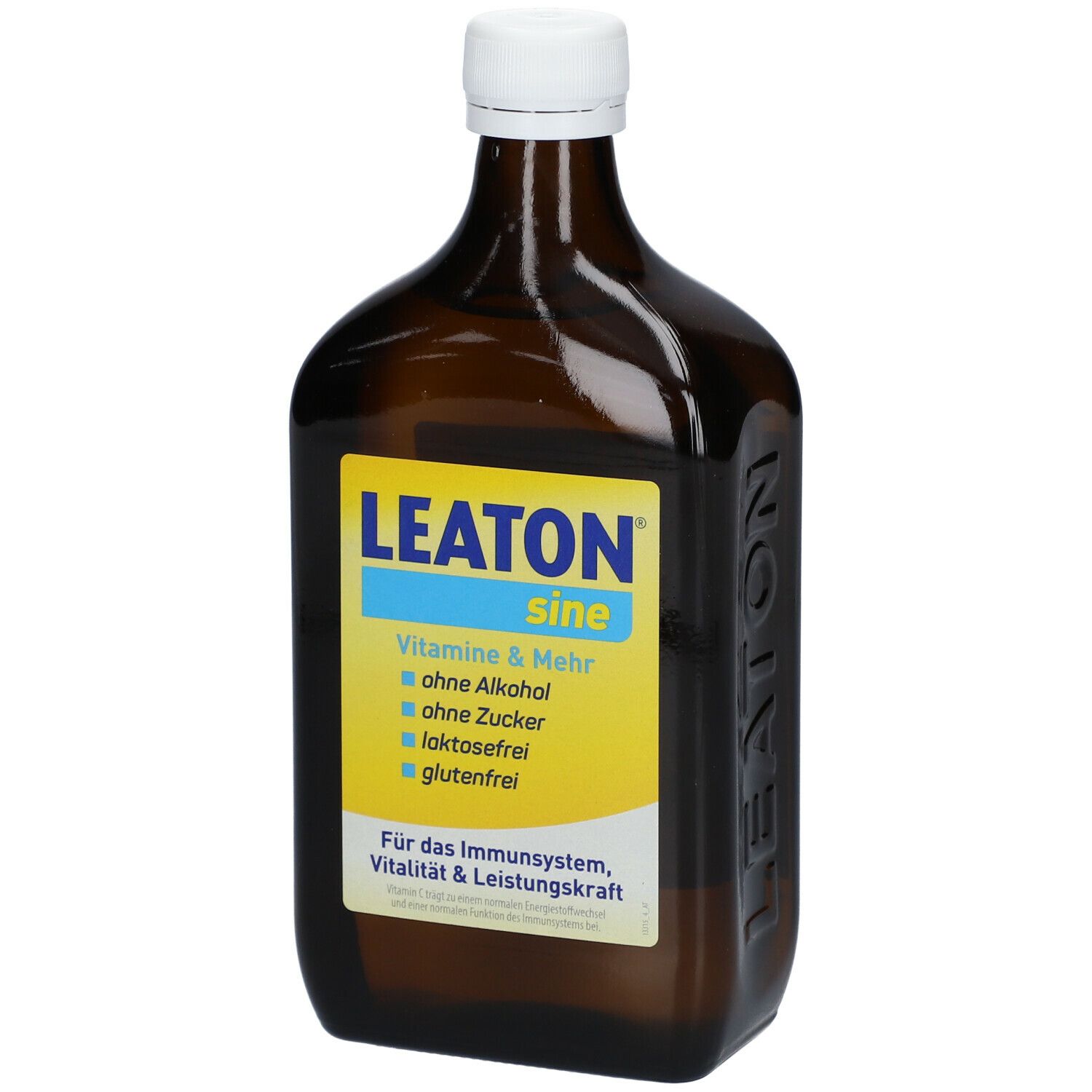 Braune Glasflasche mit weißem Verschluss. Gelbes Etikett mit LEATON sine, Vitaminen & mehr, ohne Alkohol, Zucker, Laktose und Gluten.