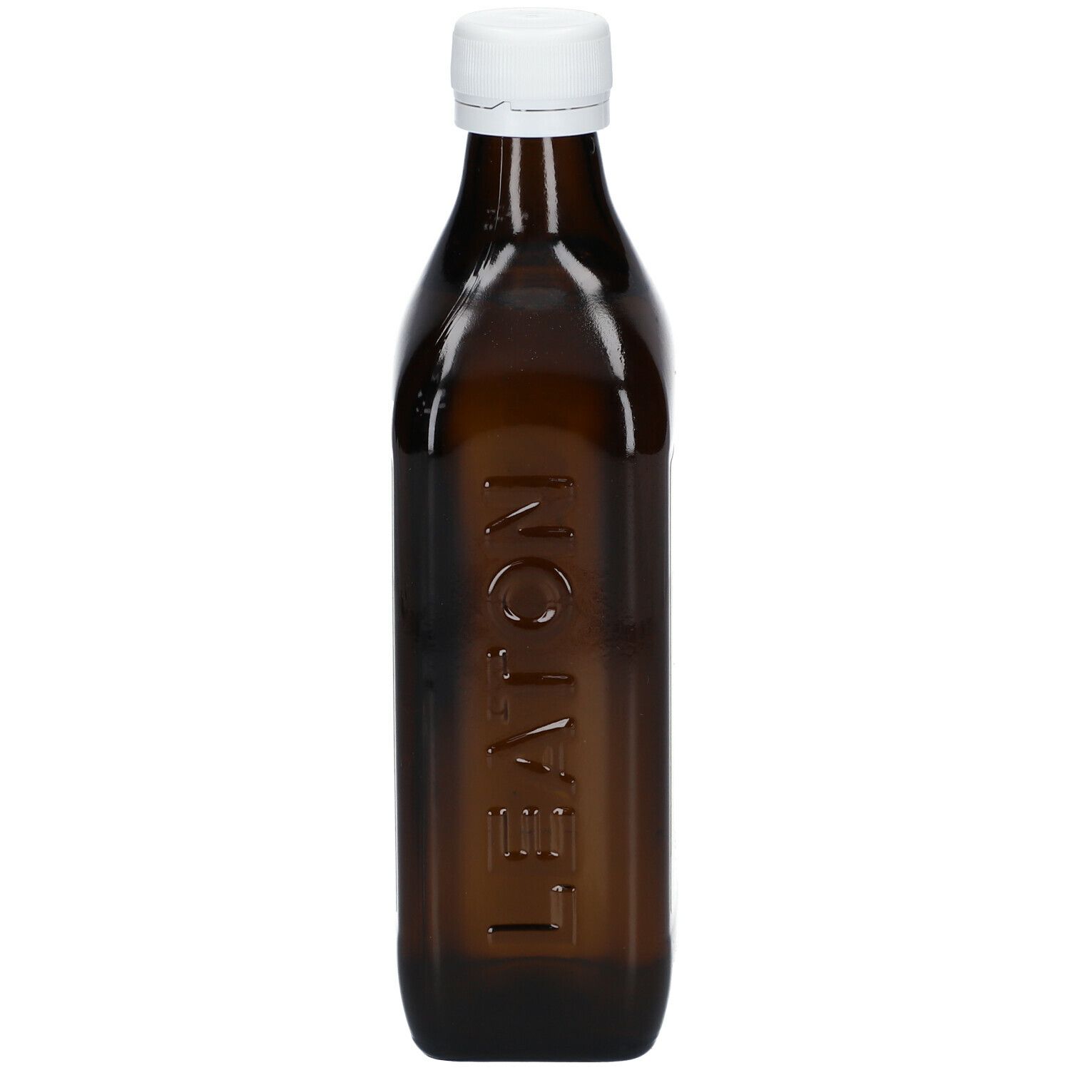 Braune Glasflasche mit weißem Verschluss. Geprägter Schriftzug LEATON auf der Flasche.