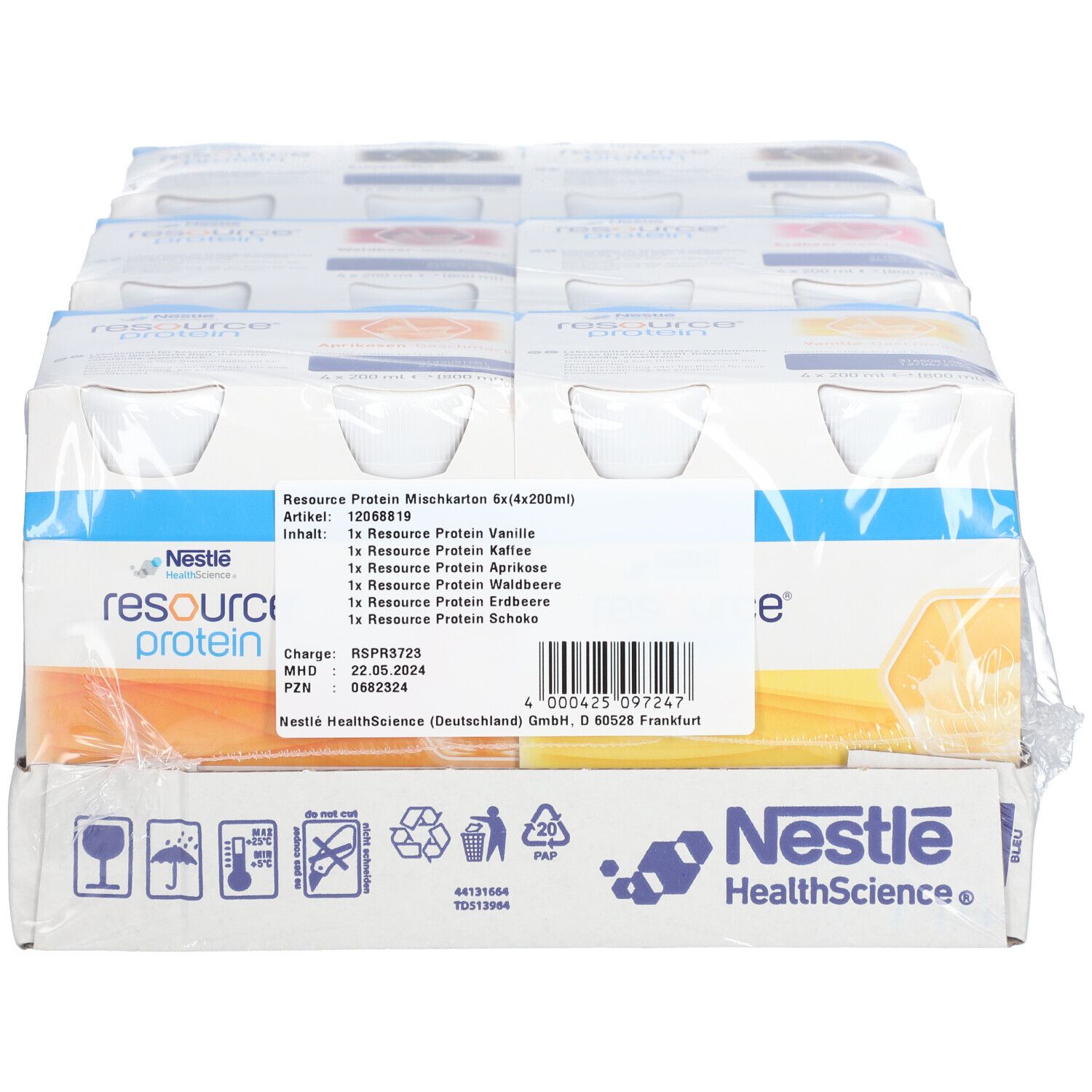 Nestlé Resource Protein Mischkarton. Verpackung mit mehreren Getränkepackungen. Sichtbare Produktbezeichnungen und Barcode. Nestle HealthScience Logo.