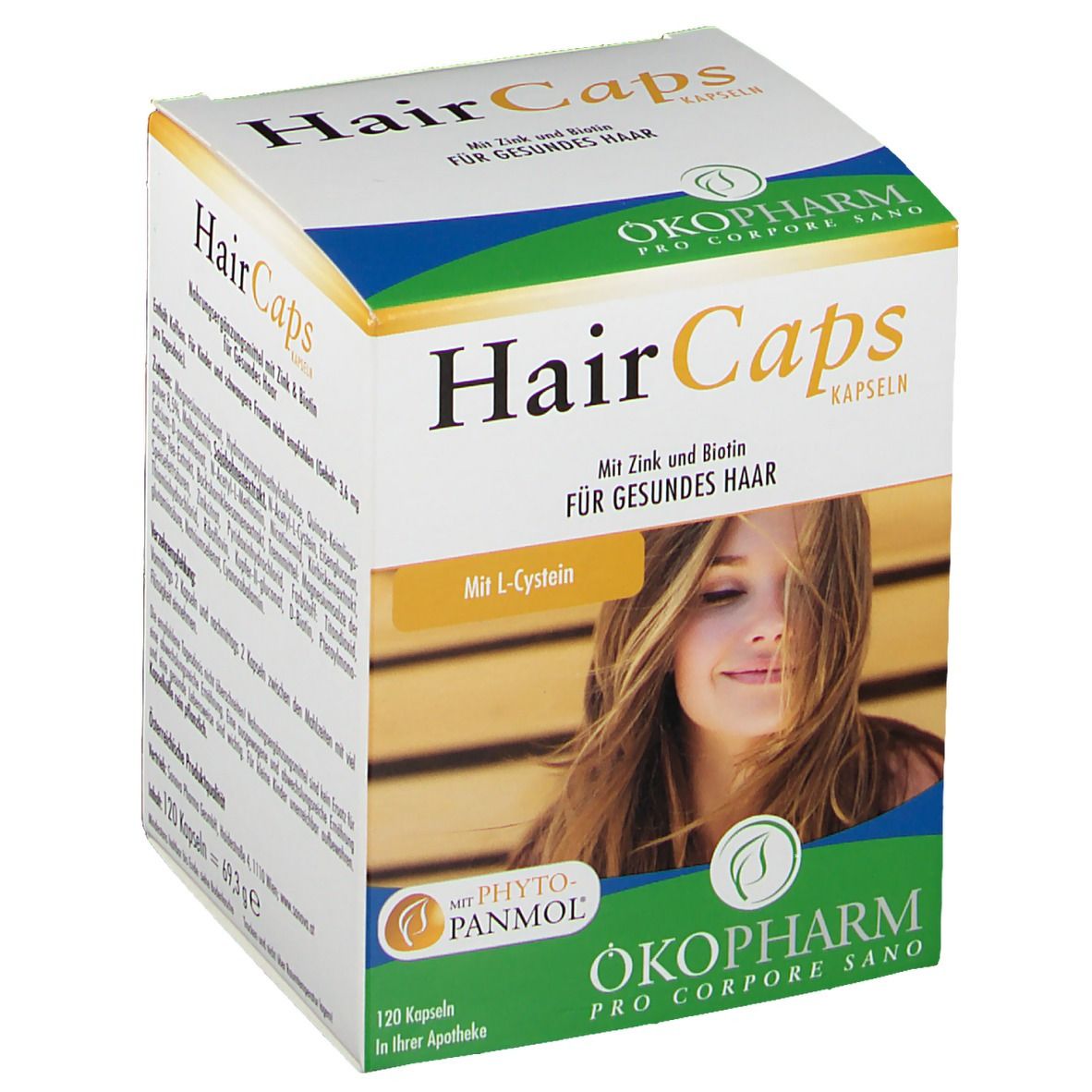 Karton von HairCaps Kapseln. Aufschrift: Mit Zink und Biotin für gesundes Haar. Enthält 120 Kapseln. Marke: ÖKOPHARM.