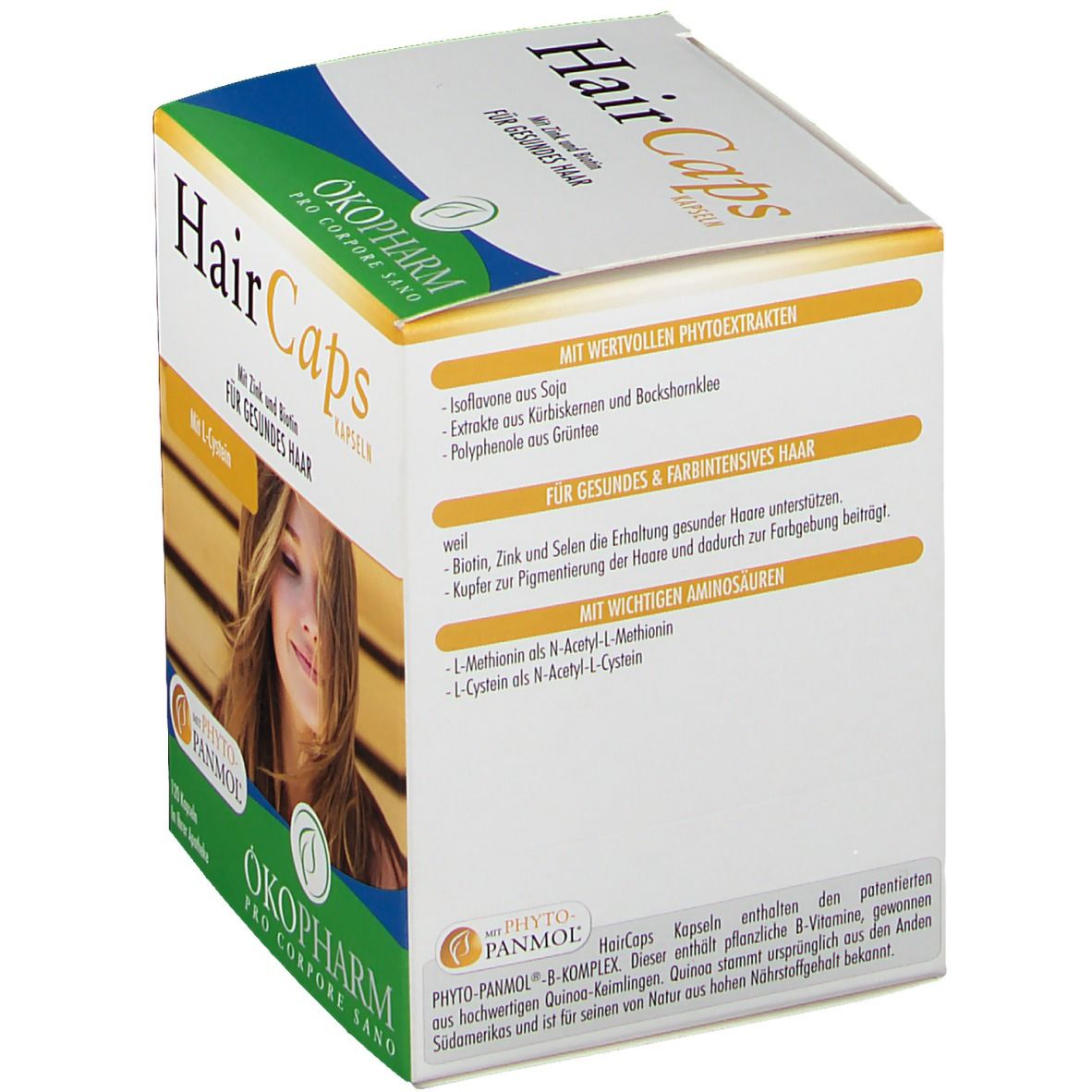 Karton von HairCaps Kapseln. Aufschrift: Mit wertvollen Phytoextrakten. Marke: ÖKOPHARM. Rückseite mit Inhaltsangaben und Text.