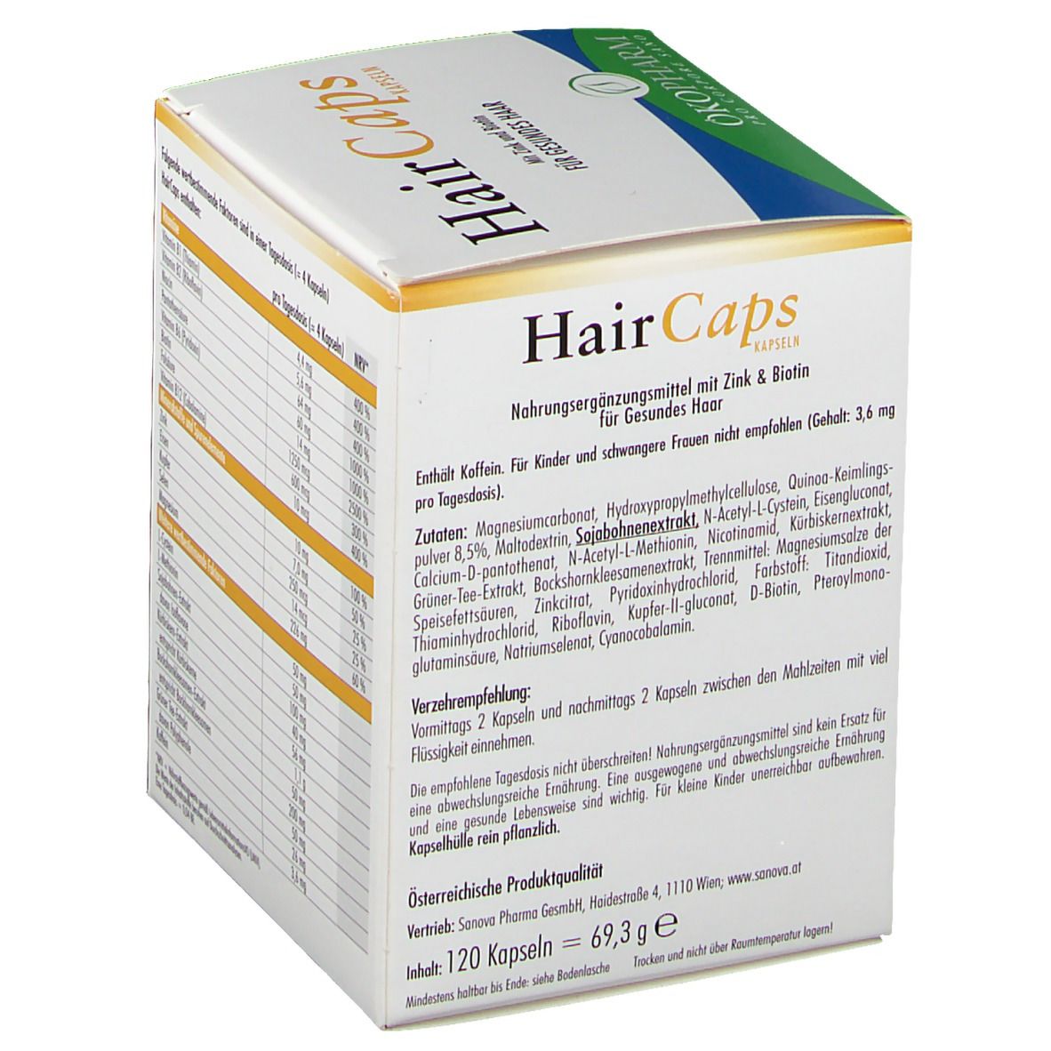 Rückseite der HairCaps Kapseln Verpackung. Enthält Inhaltsstoffe und Nährwertangaben. Marke: ÖKOPHARM. 120 Kapseln.