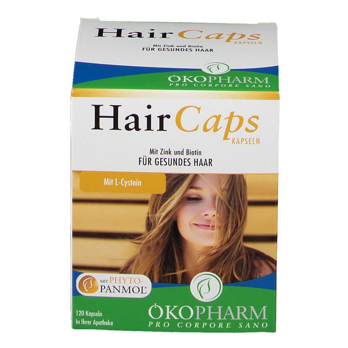 Karton von HairCaps Kapseln. Aufschrift: Mit Zink und Biotin für gesundes Haar. Enthält 120 Kapseln. Marke: ÖKOPHARM.