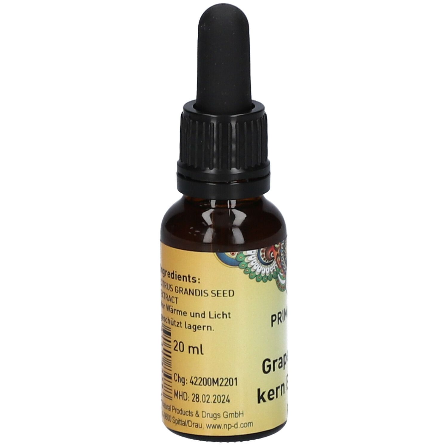 Braune Glasflasche mit schwarzem Deckel und Pipette. Aufschrift: PRIMABENE, Grapefruitkern Extrakt. 20 ml.